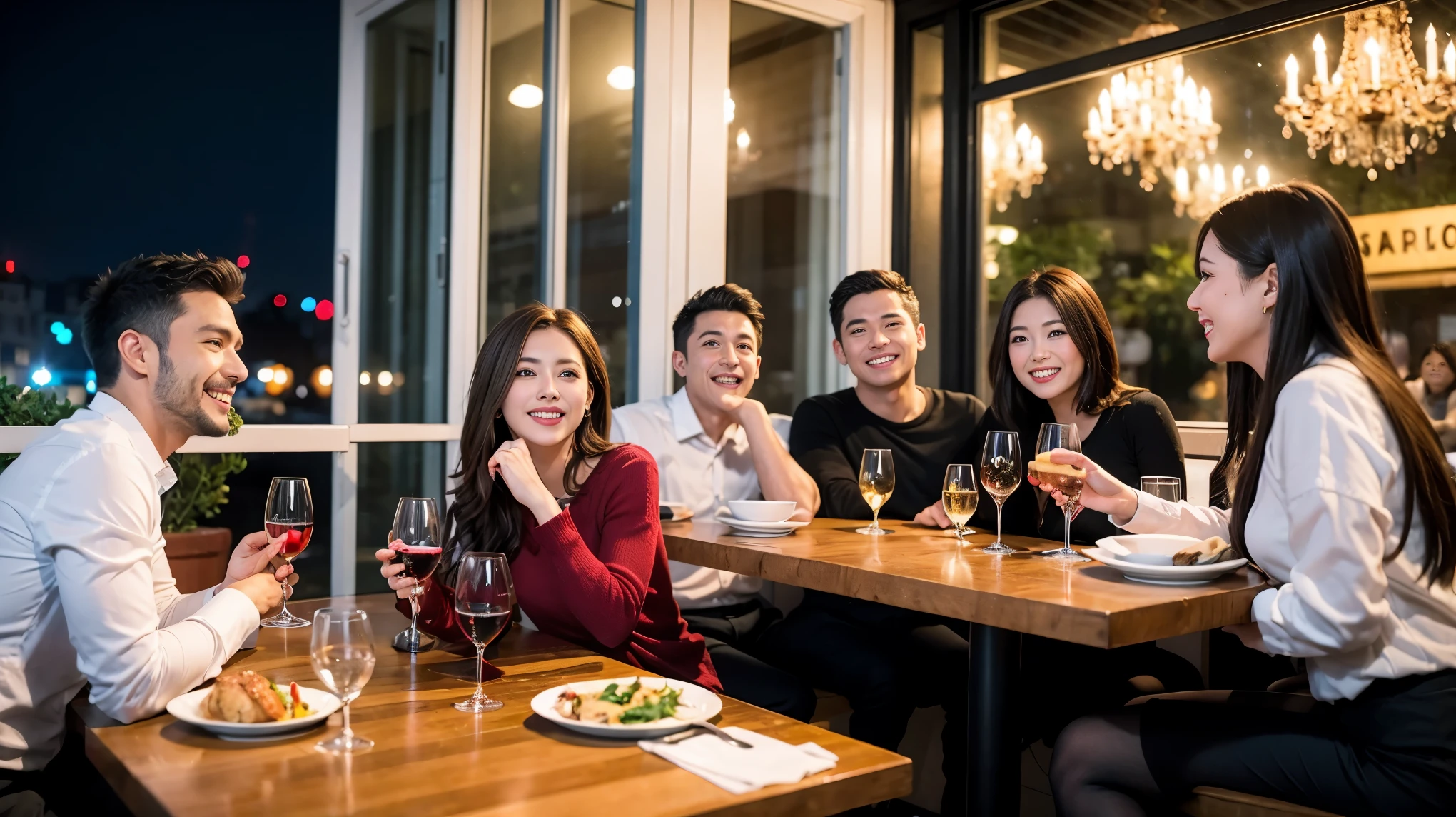 64k, Hmm, highest quality, masterpiece: 1.2), (realistic, photorealistic: 1.37), Super detailed, celebration party、beauty、Charm、beautiful mature woman、3 women who love wine、three men、Champagne、sparkling wine、winter night、restaurantでワイン宴会、(slimな男女4名),(Wine party for 5 people)、(slimフェイス),Happy、 最高なsmile、Fox face、Raccoon face、Berry Short、(because I&#39;thin), (brown hair), (shortcut), long sleeve shirt、winter fashion、Columbia、Brazilian、Japanese、Dutch、German、Portuguese、Belgian、Italian、French, (squirt), (slimボティ), (brown hair), (shortcut), 端正なbeauty、cheeks turn a little red, (41 years old), 38 years old, 35 years old、32 years old、 43 years old、A beautiful and detailed night view spreads out outside the window......., restaurant, wine glassが座っている, At night, in a prominent place (from the Upper body) nova frog style, actress, model, Upper body, White wine, slim, wine glass, Very beautiful night view, wine glass Put in the Middle, Happy smile, (smile: 1.15), 