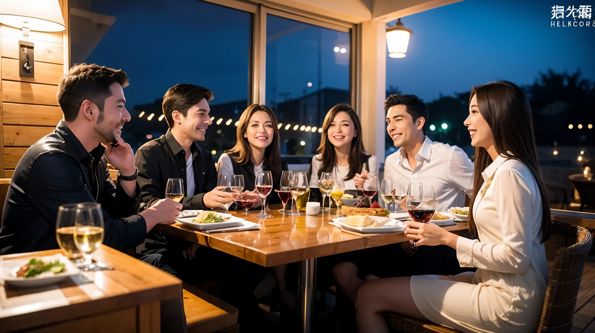 64k, Hmm, highest quality, masterpiece: 1.2), (realistic, photorealistic: 1.37), Super detailed, celebration party、beauty、Charm、beautiful mature woman、3 women who love wine、three men、Champagne、sparkling wine、winter night、restaurantでワイン宴会、(slimな男女4名),(Wine party for 5 people)、(slimフェイス),Happy、 最高なsmile、Fox face、Raccoon face、Berry Short、(because I'thin), (brown hair), (shortcut), long sleeve shirt、winter fashion、Columbia、Brazilian、Japanese、Dutch、German、Portuguese、Belgian、Italian、French, (squirt), (slimボティ), (brown hair), (shortcut), 端正なbeauty、cheeks turn a little red, (41 years old), 38 years old, 35 years old、32 years old、 43 years old、A beautiful and detailed night view spreads out outside the window......., restaurant, wine glassが座っている, At night, in a prominent place (from the Upper body) nova frog style, actress, model, Upper body, White wine, slim, wine glass, Very beautiful night view, wine glass Put in the Middle, Happy smile, (smile: 1.15),