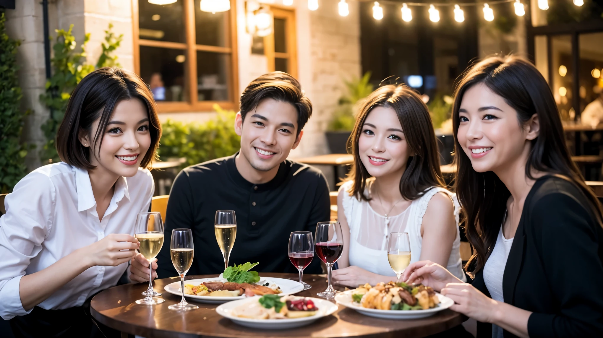 64k, Hmm, highest quality, masterpiece: 1.2), (realistic, photorealistic: 1.37), Super detailed, celebration party、beauty、Charm、beautiful mature woman、3 women who love wine、three men、Champagne、sparkling wine、winter night、restaurantでワイン宴会、(slimな男女4名),(Wine party for 5 people)、(slimフェイス),Happy、 最高なsmile、Fox face、Raccoon face、Berry Short、(because I'thin), (brown hair), (shortcut), long sleeve shirt、winter fashion、Columbia、Brazilian、Japanese、Dutch、German、Portuguese、Belgian、Italian、French, (squirt), (slimボティ), (brown hair), (shortcut), 端正なbeauty、cheeks turn a little red, (41 years old), 38 years old, 35 years old、32 years old、 43 years old、A beautiful and detailed night view spreads out outside the window......., restaurant, wine glassが座っている, At night, in a prominent place (from the Upper body) nova frog style, actress, model, Upper body, White wine, slim, wine glass, Very beautiful night view, wine glass Put in the Middle, Happy smile, (smile: 1.15),