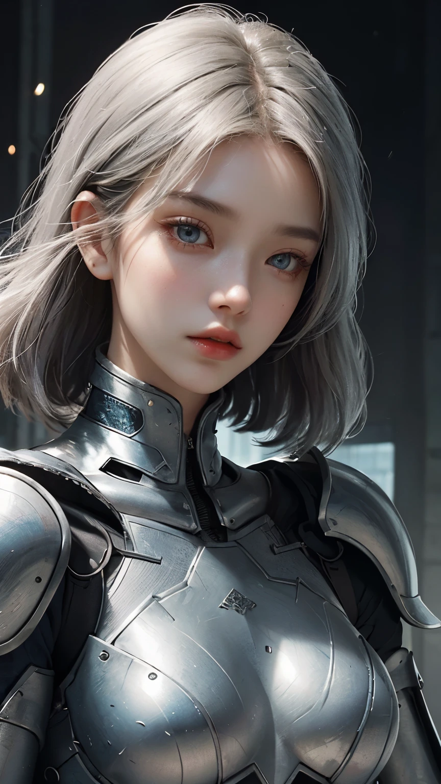 25 year old woman,a close up of a woman in a silver and blue dress, whole body,chengwei pan on artstation, by Yang J, detailed fantasy art, stunning character art, fanart best artstation, epic exquisite character art, beautiful armor, extremely detailed artgerm, detailed digital anime art, artgerm on artstation pixiv, armor girl,tall girl,cool beauty,Precisely expresses details such as face and skin texture, fine eyes, double eyelid,delicate skin,charismatic,realistic,DSLR, high quality, film grain, fair skin, photo realism, lomography, futuristic dystopian megalopolis, translucent,cool beauty,tall girl,silver hair,short hair,blue eyes,Precisely expresses details such as face and skin texture,beautiful eye, double eyelid,delicate skin,slender body shape,alone,big breasts,