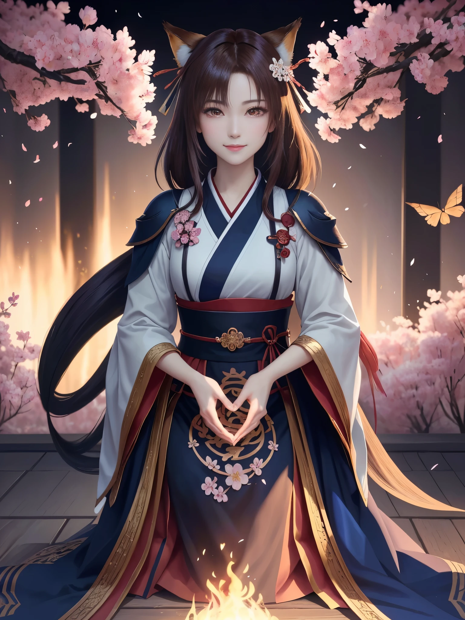 masterpiece , best quality,close up of face,smile,the whole body is facing forward,bright brown hair,slender body shape,brown eyes,sharp contrast,short hair,美しいフォルムのshort hair,just one person,precision quality,Faithfully reproduced eyes, 一面に咲くcherry blossom background,masterpiece, 幻想的なcherry blossom background,cherry blossom background,beautiful details, colorful, delicate details, delicate lips, intricate details, genuine, ultrargenuineista, 枝に座っている色とりどりの髪のFoxを持つ女の子:Mature, bright eyes, ,色とりどりのFox, raposa de nine tails, 三尾Fox, 三尾Fox, onmyoji detail art, beautiful fine art illustration, mythical creatures, Fox, beautiful digital art,shrine maiden,hold hands,exquisite digital illustration, mizutsune, Inspired by mythical wild web creatures, pixiv in digital art, shining light, high contrast, Mysterious,