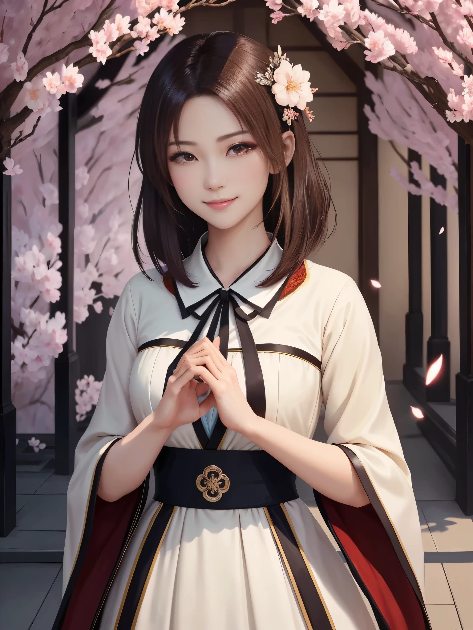 masterpiece , best quality,close up of face,smile,the whole body is facing forward,bright brown hair,slender body shape,brown eyes,sharp contrast,short hair,美しいフォルムのshort hair,just one person,precision quality,Faithfully reproduced eyes, 一面に咲くcherry blossom background,masterpiece, 幻想的なcherry blossom background,cherry blossom background,beautiful details, colorful, delicate details, delicate lips, intricate details, genuine, ultrargenuineista, 枝に座っている色とりどりの髪のFoxを持つ女の子:Mature, bright eyes, ,色とりどりのFox, raposa de nine tails, 三尾Fox, 三尾Fox, onmyoji detail art, beautiful fine art illustration, mythical creatures, Fox, beautiful digital art,shrine maiden,hold hands,exquisite digital illustration, mizutsune, Inspired by mythical wild web creatures, pixiv in digital art, shining light, high contrast, Mysterious,