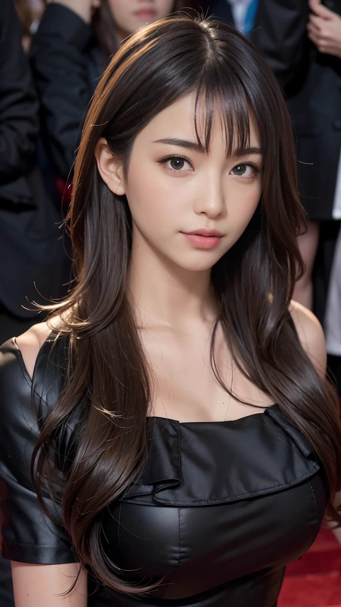 (highest quality, debris flies, realistic pictures, Super detailed, ultra high resolution, to be born:1.3), (1 female, beautiful japanese actress, 25 years old), Double rainbow color), (shy smile), detailed face, She has big ring earrings and red eyeshadow makeup.。，light blonde delicate mid cut hair，髪の端は波状inす，Elegant hairstyle，fine eyes, (Actress with slender figure，small breasts, hips become smaller, side boob barbosa), (butt crack, naked waist, bare back:1.3), (sexy silk embroidered mermaid dress:1.2), ( from behind), look up_in_viewer, Blake is black long hair, Blake is (mode, red carpet, large crowd:1.5),My butt is also exposed，beauty in profile，A glimpse of white pants，