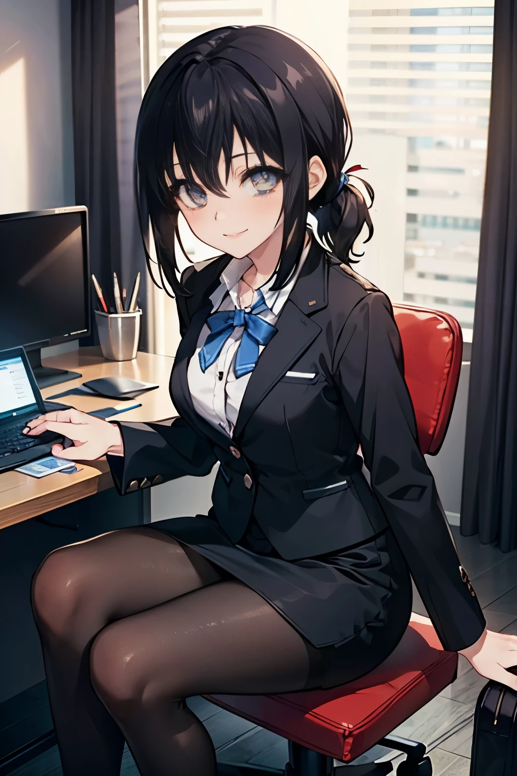 8k,highest quality,masterpiece,1girl ,Yukina Himeragi ,Yukina Himeragi 　strike the blood,black hair,short hair,brown ruby eyes,ponytail,  medium chest, OL, Black Abyss glasses, end, black suit jacket, collared jacket, white dress shirt, collared shirt, neckline, button, strap, ID card on neck, black pencil skirt, black pantyhose, stiletto heels,smile, blush, looking at the viewer, fascinating, office,sitting in a chair,(masterpiece:1.2), highest quality, High resolution, unity 8k wallpaper, (shape:0.8), (beautiful and detailed eyes:1.6), highly detailed face, perfect lighting, Very detailed CG, (perfect hands, perfect anatomy),