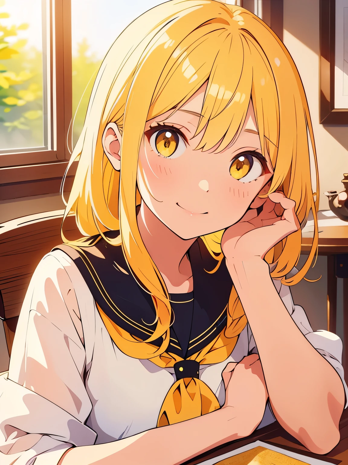 (highest quality,table top:1.2),1 girl,cute style,adorable,highly detailed eyes,highly detailed face,yellow eyes，yellow hair，very fine hair,8k,Idol,black sailor uniform，