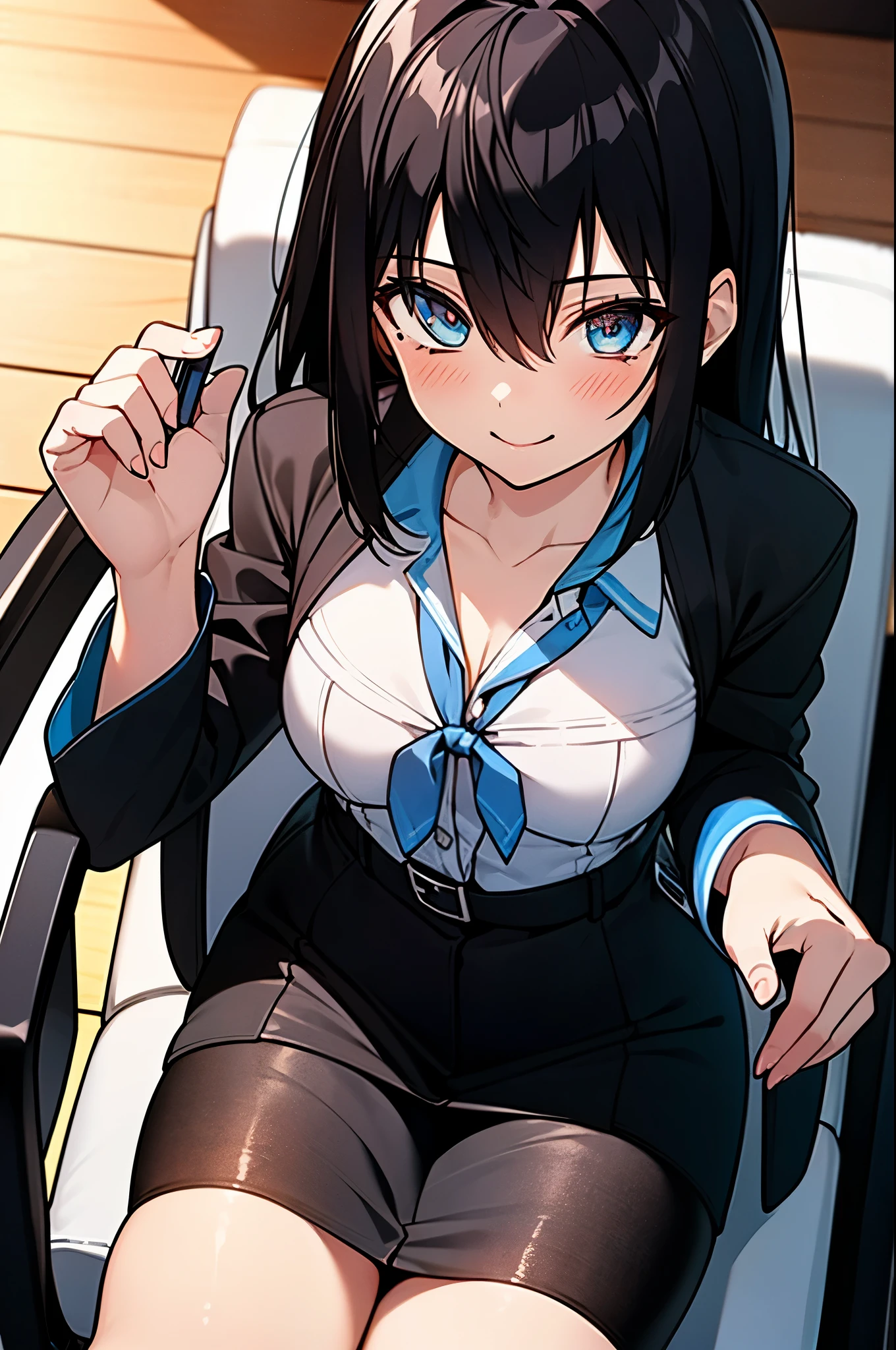 8k,highest quality,masterpiece,1girl ,Yukina Himeragi ,Yukina Himeragi strike the blood,black hair,short hair,brown ruby eyes, medium chest, OL, Black Abyss glasses, end, black suit jacket, collared jacket, white dress shirt, collared shirt, neckline, button, strap, ID card on neck, black pencil skirt, black pantyhose, stiletto heels,smile, blush, looking at the viewer, fascinating, office,sitting in a chair,(masterpiece:1.2), highest quality, High resolution, unity 8k wallpaper, (shape:0.8), (beautiful and detailed eyes:1.6), highly detailed face, perfect lighting, Very detailed CG, (perfect hands, perfect anatomy),