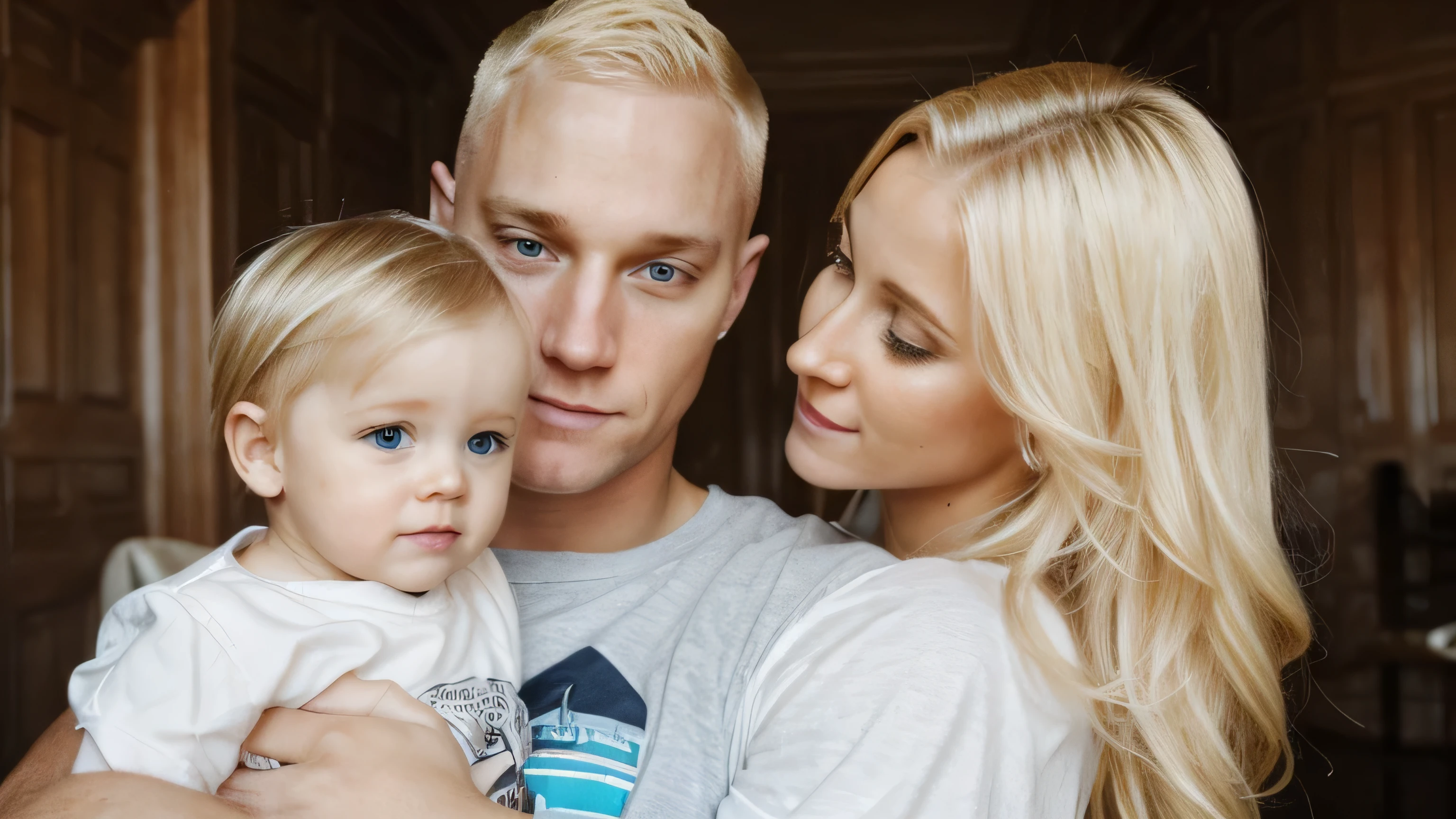 perfect face, One blonde german woman, red lips, very light Blue tight and ripped jeans, barefeet, Couch, flower shirt, With her latino son, , full body