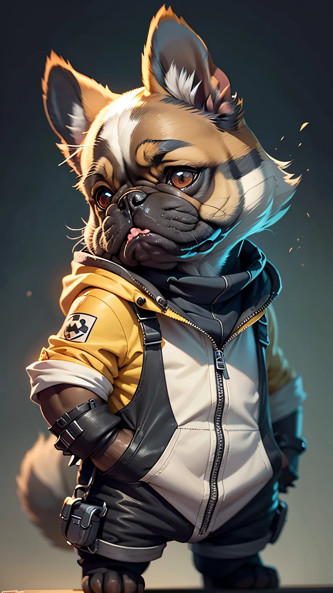 C4tt4stic,Cartoon french bulldog dog wearing iron bodysuit(Appearance characteristics of the French bulldog、body hair is black