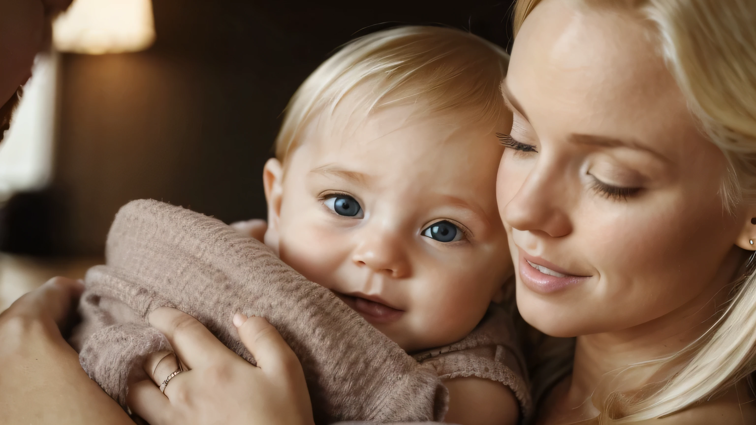 blonde beautiful woman holding a blond  girl in her arms and a man looking exactly like eminem behind them, wide angle image
Waiting to start 
