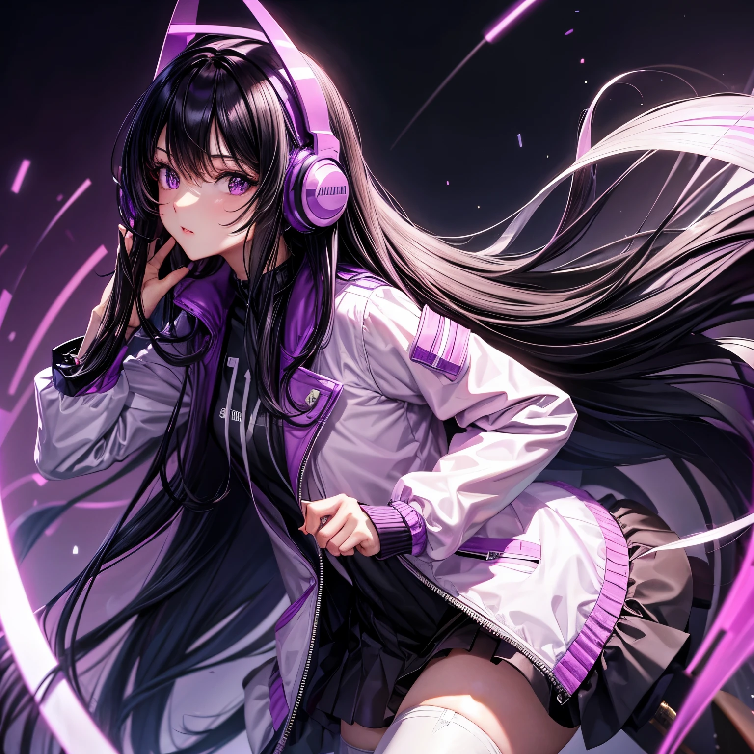 Detailed 4k wearing purpl and black neon headphones long wavy black hair wearing pastel purple jacket with white long stockings