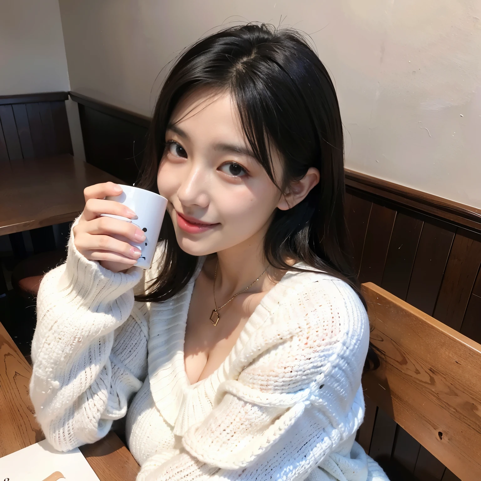 (top-quality、8K、32K、masterpiece、Photorealsitic:1.4、nffsw:1.2)、Photo of a cute Japanese woman、Colossal tits:1.4、very short bobbed hai, coffee cup in her hand 、sface focus、long hair,Oversized_Sweaters、a necklace、simple background、From above、looking at the viewers、cleavage of the breast:1.5、Balanced body , Coffee cafe, coffee in front of her, cute smile, coffee cup, seat on table, ultra details, ultra realistic expression, busy cafe , customer in coffee cafe