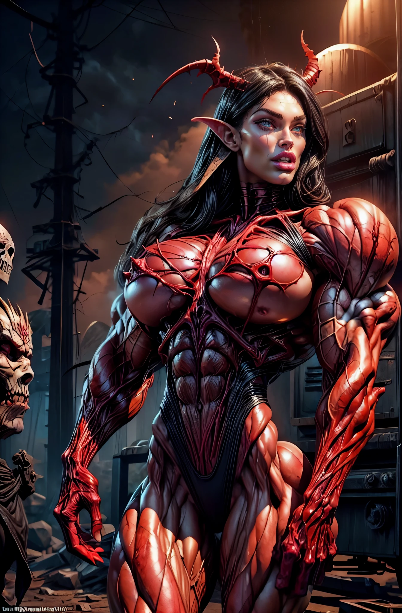 (1 girl), (megan fox:1.25), (beautiful muscular bimbo girl:1.25), (carnage skinless physique:1.25), (red glowing eyes:1.25), (1 super muscular undead skinless succubus with gigantic horns:1.25), (covered in red necrotic rotting skinless muscle:1.25), (exposed muscular and skeletal anatomy:1.25), (perfect fingers:1.25),(8k, RAW photo, photorealistic:1.25), dark horrific scary atmosphere, hellish landscape, Hellraiser like atmosphere,