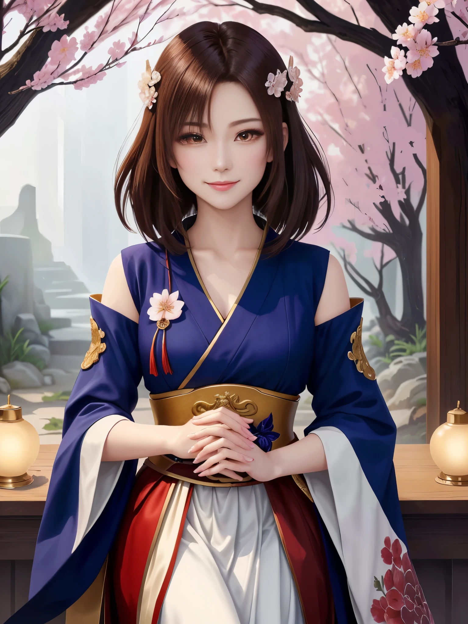 masterpiece , best quality,close up of face,smile,the whole body is facing forward,bright brown hair,slender body shape,brown eyes,sharp contrast,short hair,美しいフォルムのshort hair,just one person,precision quality,Faithfully reproduced eyes, 一面に咲くcherry blossom background,masterpiece, 幻想的なcherry blossom background,cherry blossom background,beautiful details, colorful, delicate details, delicate lips, intricate details, genuine, ultrargenuineista, 枝に座っている色とりどりの髪のFoxを持つ女の子:Mature, bright eyes, ,色とりどりのFox, raposa de nine tails, 三尾Fox, 三尾Fox, onmyoji detail art, beautiful fine art illustration, mythical creatures, Fox, beautiful digital art,shrine maiden,hold hands,exquisite digital illustration, mizutsune, Inspired by mythical wild web creatures, pixiv in digital art, shining light, high contrast, Mysterious,
