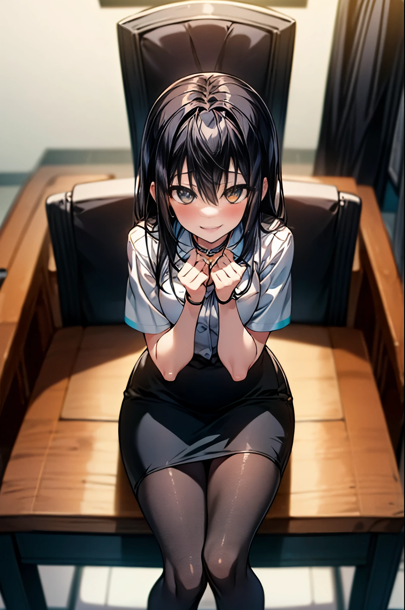 8k,highest quality,masterpiece,1girl ,Yukina Himeragi ,Yukina Himeragi 　strike the blood,black hair,short hair,brown ruby eyes,  medium chest, OL, Black Abyss glasses, end, black suit jacket, collared jacket, white dress shirt, collared shirt, neckline, button, strap, ID card on neck, black pencil skirt, black pantyhose, stiletto heels,smile, blush, looking at the viewer, fascinating, office,sitting in a chair,(masterpiece:1.2), highest quality, High resolution, unity 8k wallpaper, (shape:0.8), (beautiful and detailed eyes:1.6), highly detailed face, perfect lighting, Very detailed CG, (perfect hands, perfect anatomy),