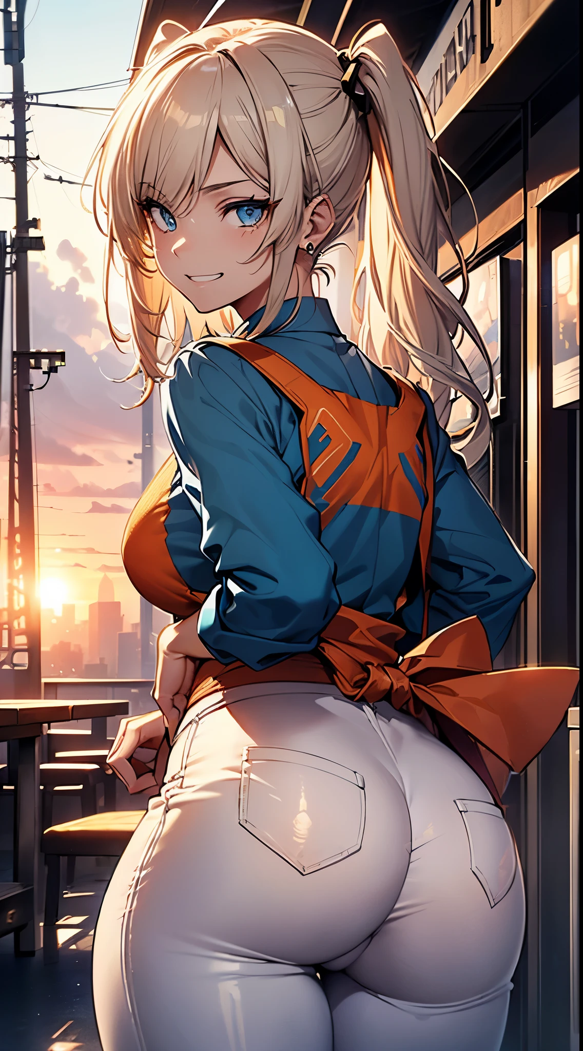 top-quality、Top image quality、masterpiece、girl with((18year old, Beautiful blue eyes, Orange T-Shirt、White see-through、White pants、Short Pigtails white blonde hair、grin、Fashionable bags、Beautiful blue earrings、Big butt, emphasis on the buttocks、A slender、Height 175cm,posterior view、Leaning forward, hiquality、Beautiful Art、Background is a sunset, masutepiece、Elaborate design、visualart、depth of fields、The best lighting、highestdetailed、Seductive makeup, Show Lighting, canon, retinas, masutepiece, accurate, Anatomically correct, Textured skin, Super Detail, high details, High quality, awardwinning, Best Quality, hight resolution, 1080p, hard disk, 4K, 8K, 16 K