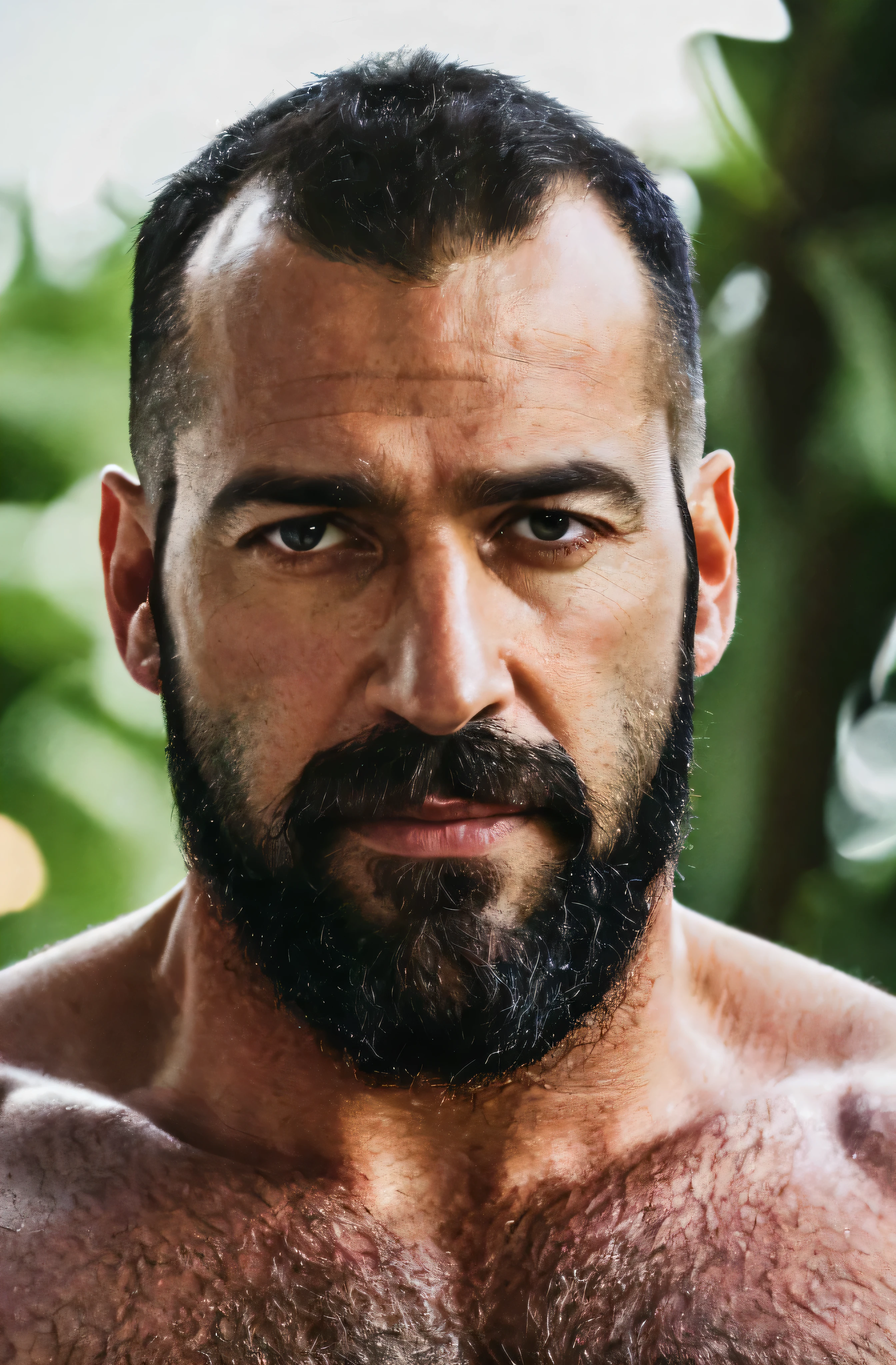 (Mejor calidad, high resolution, ultra detallado, Realista:1.37), Hiperrealismo, hiperdetallado, colores naturales, luz tenue, retrato, 40 year old man, musculoso, alto, cuerpo peludo, pecho peludo, virilidad, actor, porno gay, muy sexual, elegante, calvo, barba negra, Traje, sin sombras, ojos detallados.