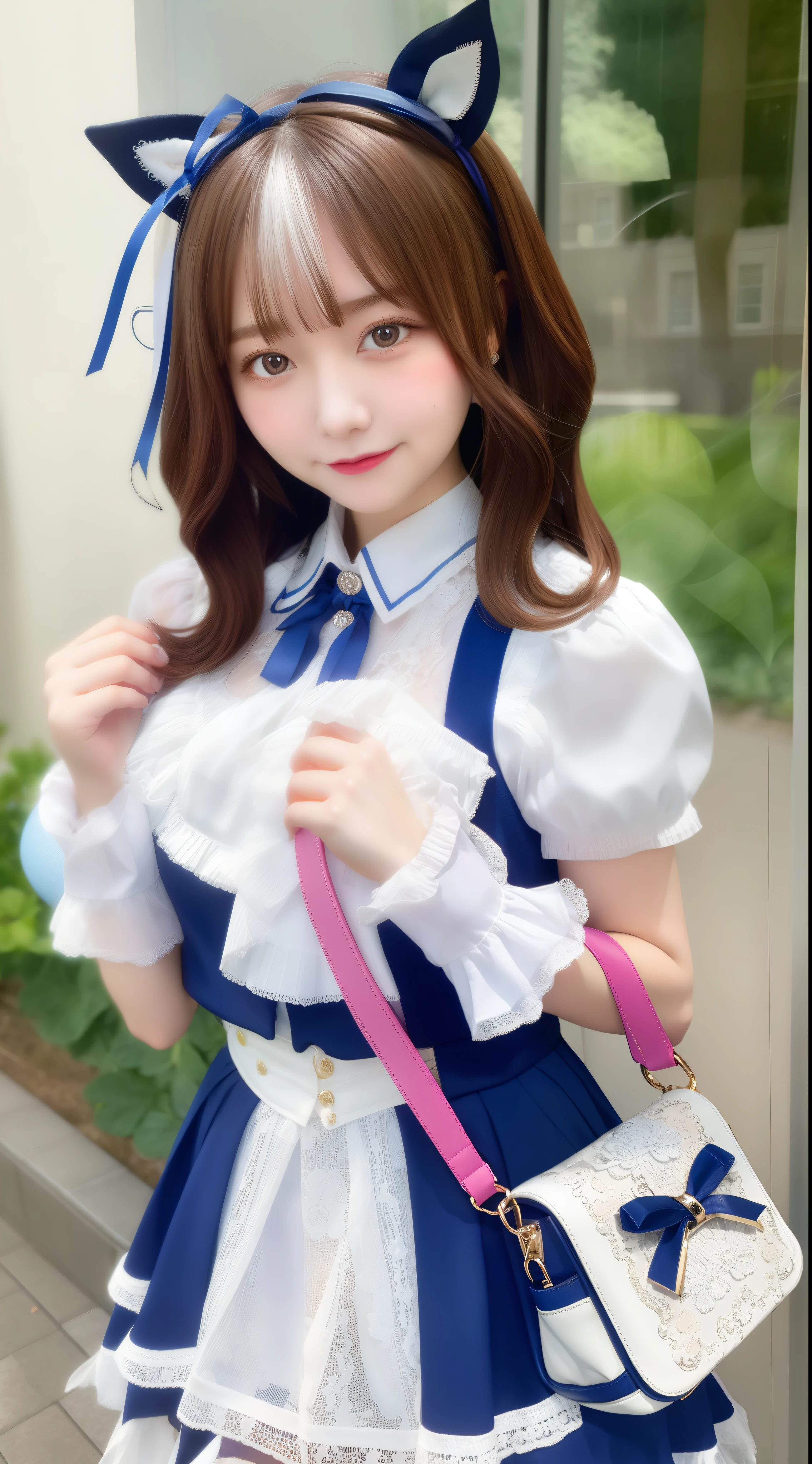 masterpiece, highest quality,  1 girl, Meishi0d0t0, blue skirt, shirt, horse tail, blue clothes, blue ear ribbon, ribbon, white legwear, frilled shirt collar, white gloves, pink hair band, white pantyhose, Shoulder bag, smile、cute