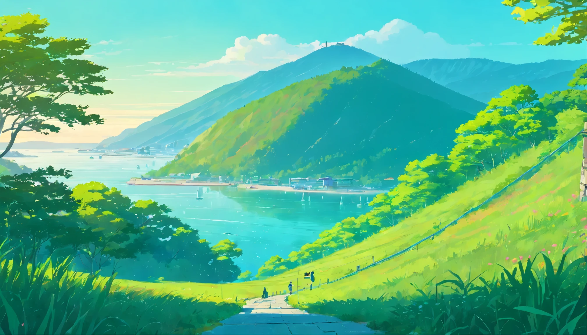 (((amazing scenery))), (Influence of minimalism and brutalism styles), (((Seto Inland Sea))), (beautiful scenery from the hill), ((Trees on the hill々)), waterfall ((top of the hill)), (on the slope), summer blue sky, big, deep and beautiful clouds, illustration format, Cool and warm color palette, high contrast, hard shadow (masterpiece, highest quality), (exquisite light and shadow, very dramatic picture, cinematic lens effects), (((Simon Stålenhag's visual style))) Down the hill is a port town, Inland Sea, Lots of plants in front, grassy area, Backlight、View from the forest on the hill