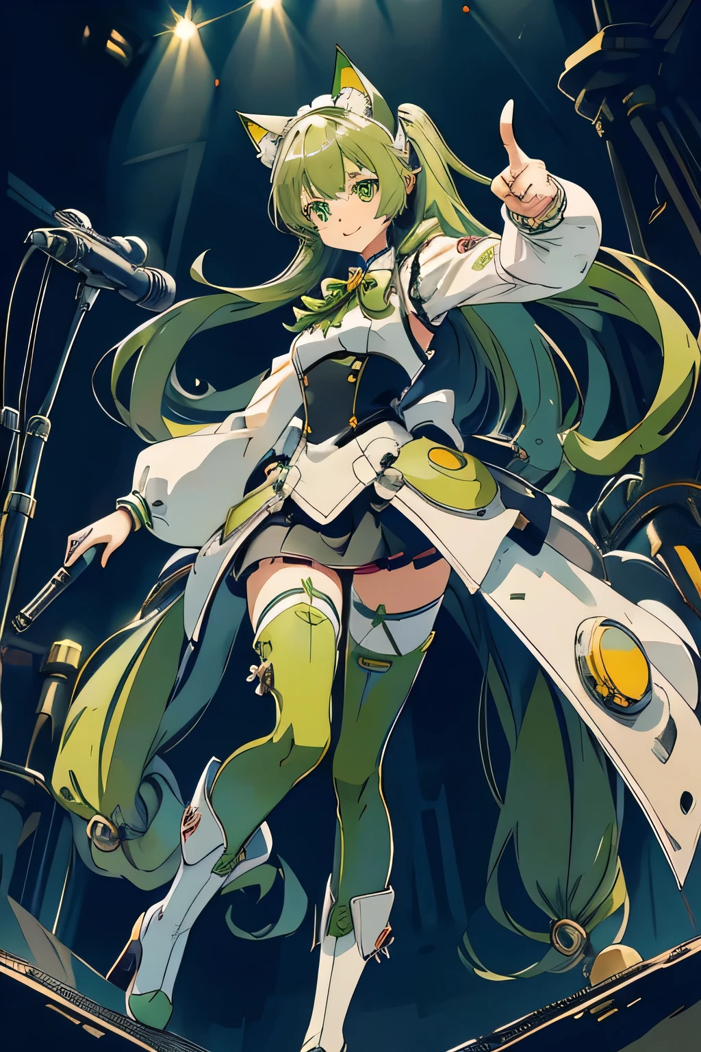1 Cat-eared maid wearing a mecha suit, Slender fuselage,shining eyes, ((cool pointing pose)),((I have a karaoke microphone)),camouflage, green and white body,((cat ears long hair)),battlefield concept art ,ink art, flat color, high contrast, fashion absurdity, highest quality, negative space,Against the background of blue sky and white clouds,With a big smile,