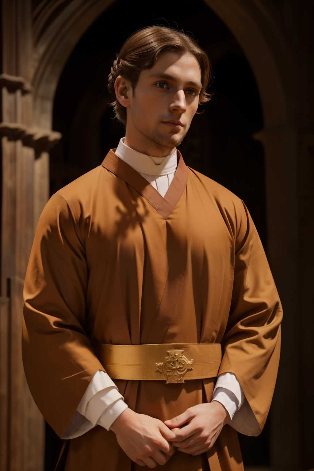England, 1337. A young ((((31-year-old)) Godwyn)), monk, angular features, cold eyes, in the monastery, being acclaimed and cheered, ((proud triumphant expression)). ((((monk clothings from the 1300s)))), ((light chestnut hairstyle of the 1300s))