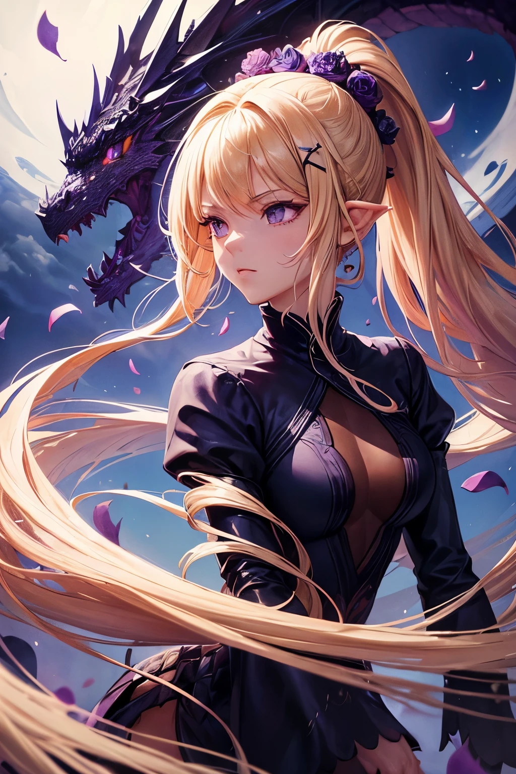 ((Masterpiece, Best Quality)), (Negative Space: 1.2), (1 Girl, Solo: 1.4), Petals, purple Eyes, Dragon Girl, Long, blonde Hair, High Ponytail, Liquid Hair, Flowers, Dragon Background