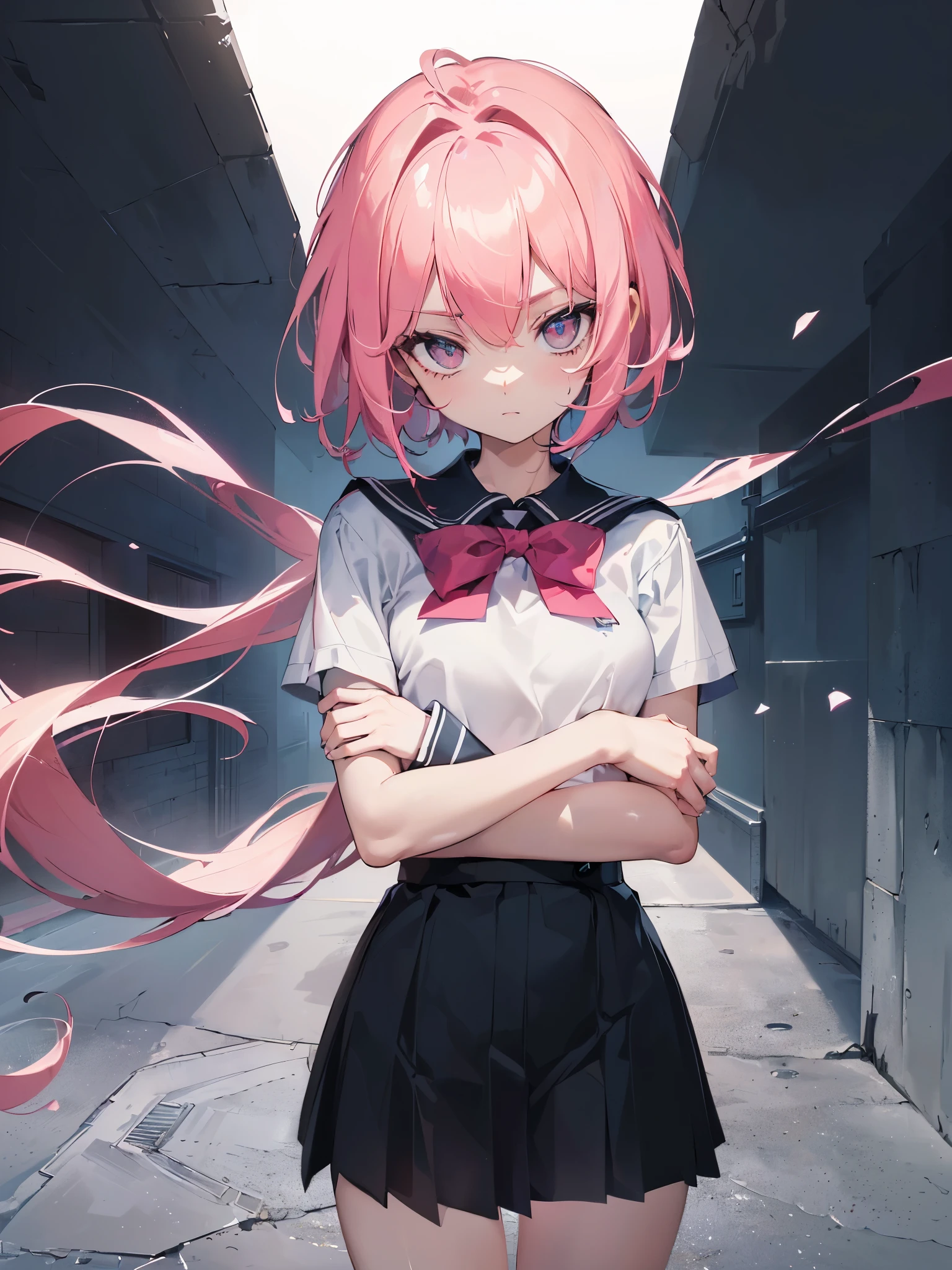 (8k, best quality, masterpiece:1.2),\(Eye details\),\(facial features details\),(\(clothing details details\)\),Excellent human anatomy,dynamic,full body,(flat chest),(facial focus) ,Very detailed CG unity 8K wallpaper,Huge file size,Super detailed,a high resolution,absurd,beautiful eyes,Ray tracing,dramatic shadows,fine details,dramatic angle,superdetailing,(1 girl:1.3),(Solo),pink hair,messy hair,short hair,black eyes,(her eyes has dark circles:1.2),(thin and aweakless body:1.4),(male school uniform:1.3),shy child,(Hands on human upper body,legs in lower body of human(Humans have only two arms;Humans also have only two legs:1.3)),(Left hand holding right arm:1.25)