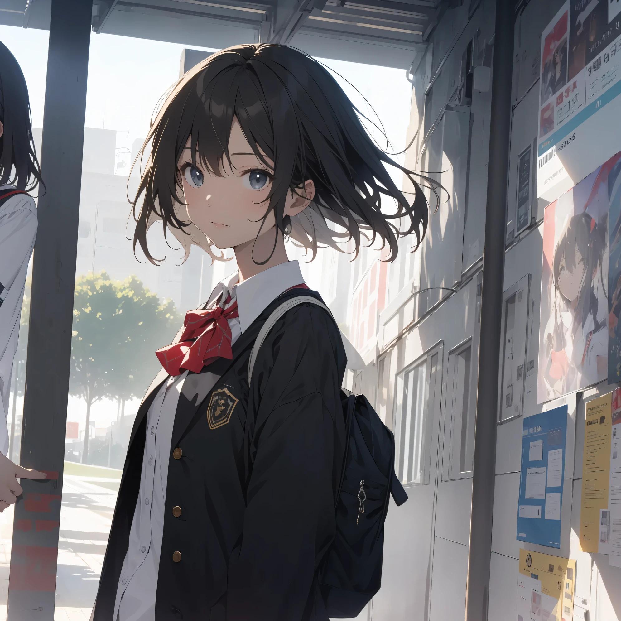 Ultra-highest quality by the art god, super detailed, High resolution,  anime moe art style, Best Anime 8K Kona-chan Wallpaper, pixiv contest winner, perfect anatomy, break,(眠そうにalone学校へ行く女の子を描いてください. )break, 1 girl,(alone,little woman,:1.3),All limbs, full finger,, immature charm, (very short hair), bangs, flat chest, Because I&#39;m slender, thin body, small ass, between legs, upward facing eyes, Big eyes, black eye, detailed and beautiful eyes, Well-proportioned iris and pupils, expressive eyes, beautiful detail lip, High resolutionの詳細な髪, ribbon, Ascot, bow, school uniform, school bag.(detailed lighting), (detailed background), On the way to school. break,super dense skin, Best lighting by famous artists, 8k, figure,Hmm, rough skin