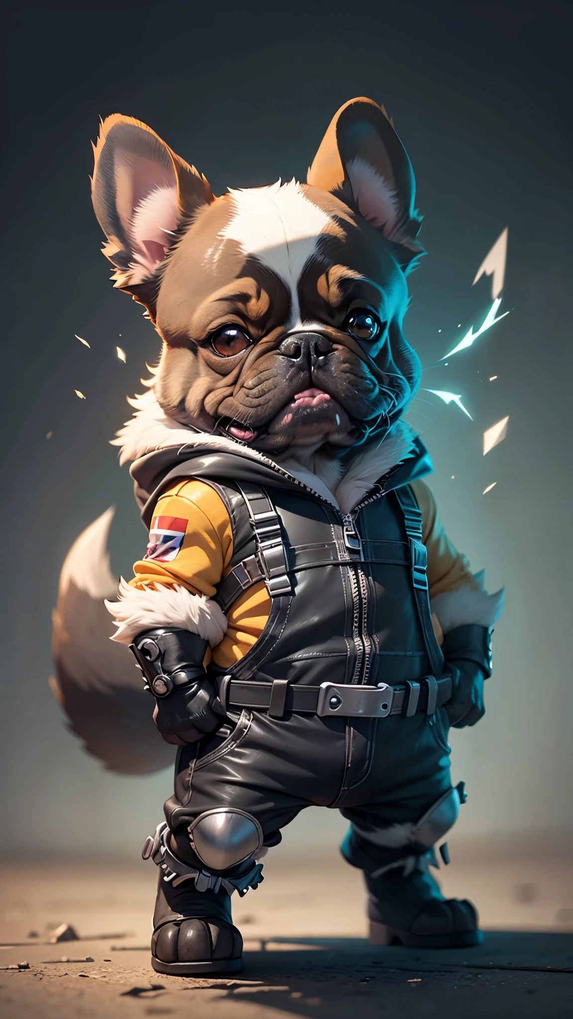 C4tt4stic,Cartoon french bulldog dog wearing iron bodysuit(Appearance characteristics of the French bulldog、body hair is black