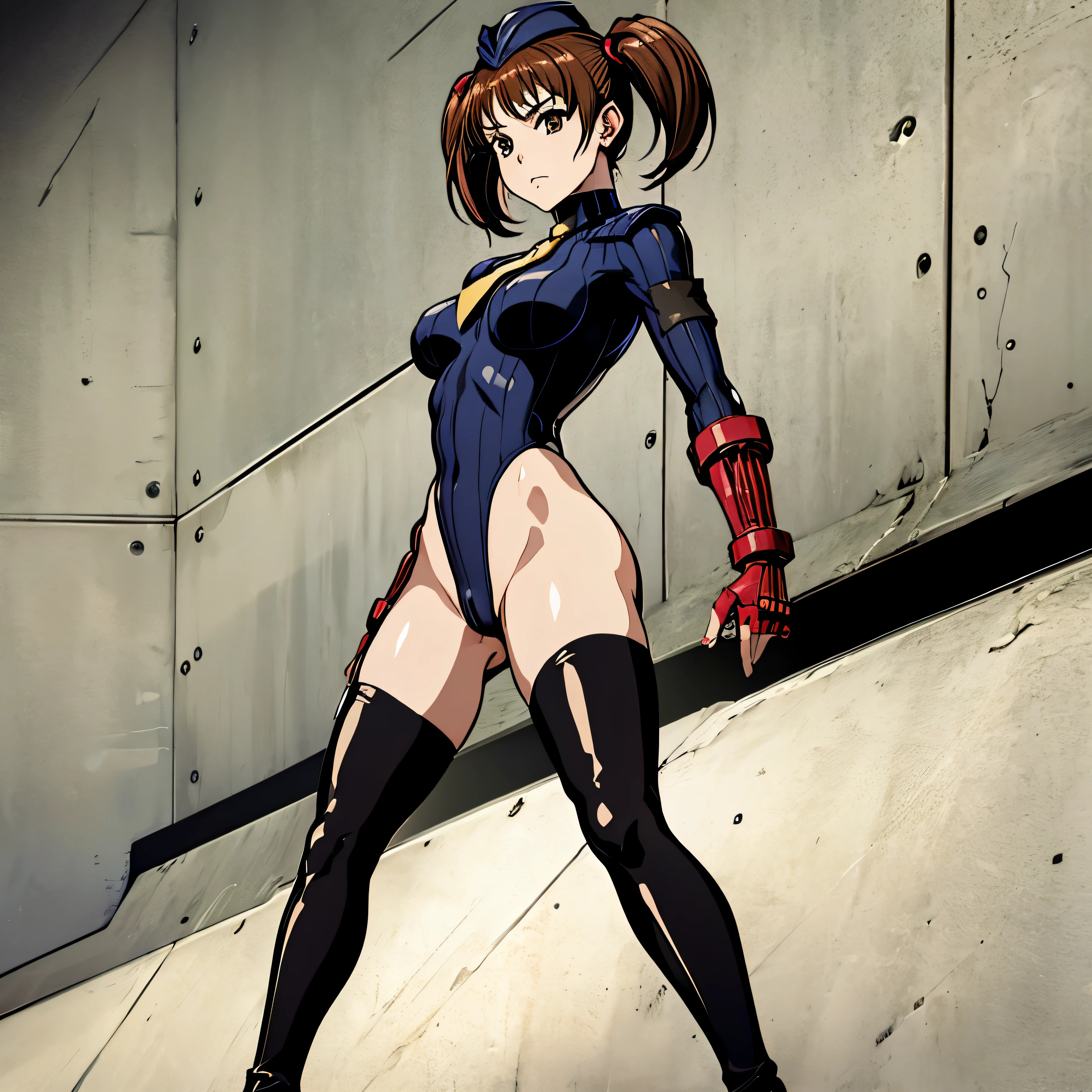haveรายละเอียดมาก, clear, beautiful body, Beautiful nose, Beautiful character design, perfect eyes, perfect face, very high, 4k, Beautiful legs, perfect legs, good hand, perfect hand, Masterpiece, best quality, haveรายละเอียดสูง, illustration, nonsense, perfect anatomy, street fighter, doll set, Chadaloo Doll, doll set, expressionless, ดวงempty eyes, look at viewer, red gloves, Emotionless, black Latex, corruption, mind control, female warrior, full body, hypnotized, ความมึนงงที่ไม่haveความสุข, full body suit, ชุดบอดี้สูทแบบhaveจั๊ม, Both arms are at the sides., obey, perfect woman's body, extremely glossy Latex, hypnosis, Hipnolora, empty eyes, mind control device, Poses, give up_Pose, slave, stand straight, stand, stand at attention, have, necktie, belt, Latex, ชุดบอดี้สูทแบบhaveจั๊ม, thigh high, garter belt, fighting posture, Extend your right arm away from your shoulder into the air with your hand straight., soldier, Ankle boots, 1 girl, hair accessories, brown hair, short hair, brown eyes, (((pixel perfect, perfect details))), alone, 1 girl, Yumi Fukuzawa, Twintail
