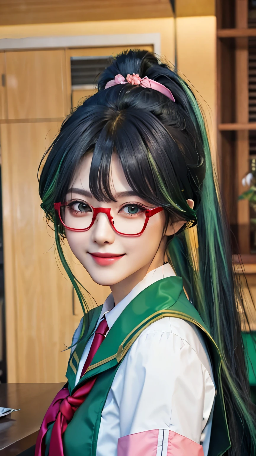 best quality,masterpiece,Uniforms, despise, Upper body,Long ponytail hairstyle,Black hair and green hair, Good-looking hair accessories, Eye color is light green,Wearing red glasses, White skin,Smile,blunt bangs,happy hair,Body front view,Pink sailor suit,Uniforms
