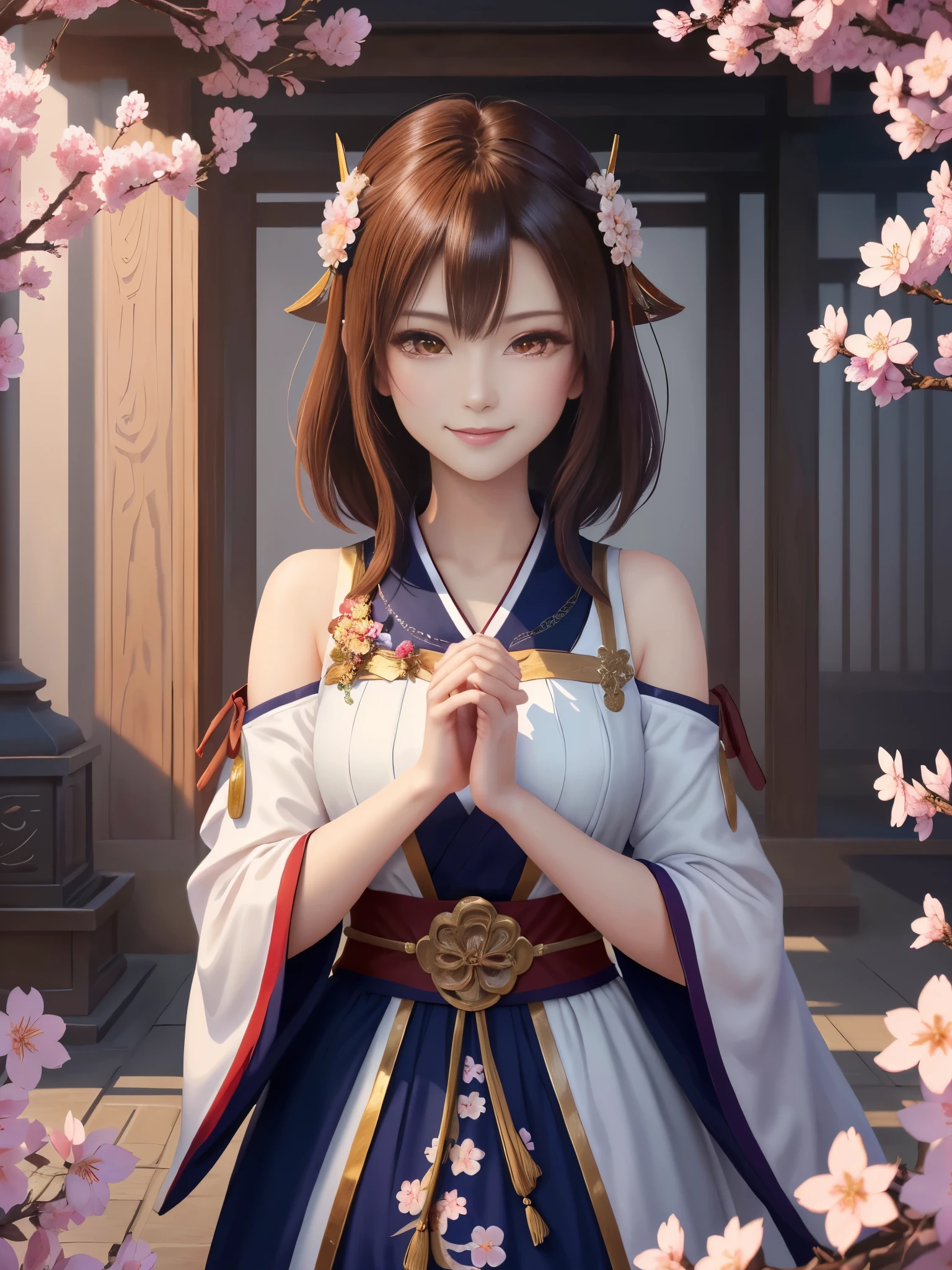 masterpiece , best quality,close up of face,smile,the whole body is facing forward,bright brown hair,slender body shape,brown eyes,sharp contrast,short hair,美しいフォルムのshort hair,just one person,precision quality,Faithfully reproduced eyes, 一面に咲くcherry blossom background,masterpiece, 幻想的なcherry blossom background,cherry blossom background,beautiful details, colorful, delicate details, delicate lips, intricate details, genuine, ultrargenuineista, 枝に座っている色とりどりの髪のFoxを持つ女の子:Mature, bright eyes, ,色とりどりのFox, raposa de nine tails, 三尾Fox, 三尾Fox, onmyoji detail art, beautiful fine art illustration, mythical creatures, Fox, beautiful digital art,shrine maiden,hold hands,exquisite digital illustration, mizutsune, Inspired by mythical wild web creatures, pixiv in digital art, shining light, high contrast, Mysterious,