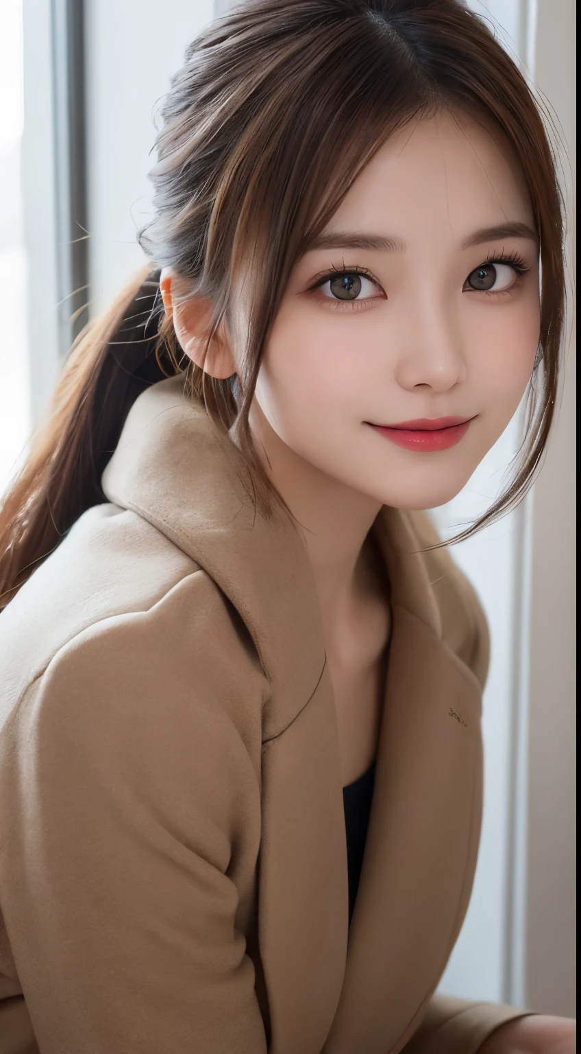 table top, highest quality, shape, Super detailed, finely, High resolution, 8k wallpaper, 完璧なダイナミックな構shape, beautiful and detailed eyes, straight hair, small breasts, natural color lip, random sexy pose,smile,20 year old girl、midnight、beautiful and detailed face、perfect and beautiful face,Big eyes、RAW photo、Expressing feminine poses with your whole body、beautiful and detailed eyes、small face、beautiful duplex、slim face and style,luxury brand mink coat(internal：winter dress)、beautiful golden ratio face,twin ponytail hair,bright look,Photographed focusing on beautiful legs