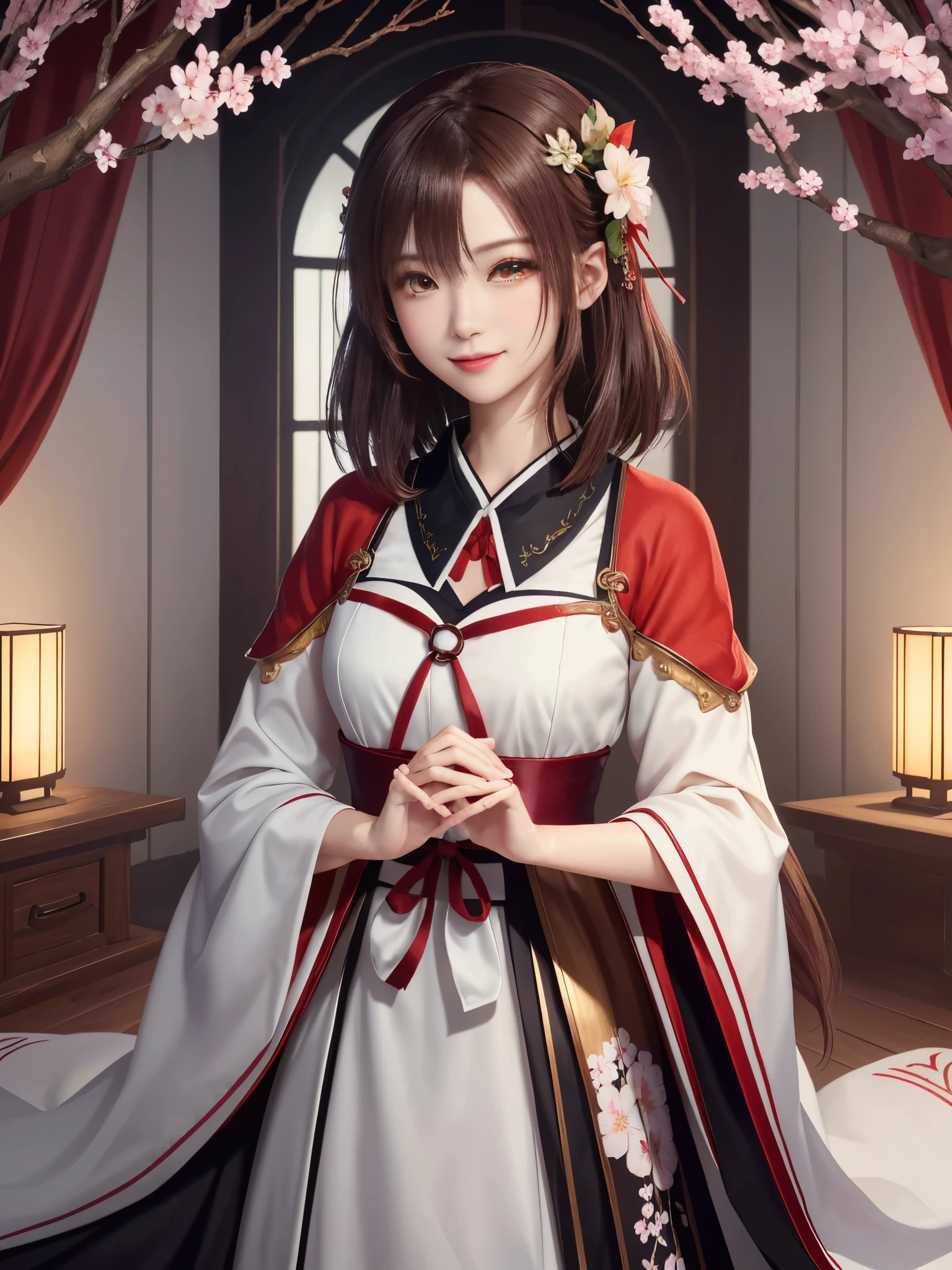 masterpiece , best quality,close up of face,smile,the whole body is facing forward,bright brown hair,slender body shape,brown eyes,sharp contrast,short hair,美しいフォルムのshort hair,just one person,precision quality,Faithfully reproduced eyes, 一面に咲くcherry blossom background,masterpiece, 幻想的なcherry blossom background,cherry blossom background,beautiful details, colorful, delicate details, delicate lips, intricate details, genuine, ultrargenuineista, 枝に座っている色とりどりの髪のFoxを持つ女の子:Mature, bright eyes, ,色とりどりのFox, raposa de nine tails, 三尾Fox, 三尾Fox, onmyoji detail art, beautiful fine art illustration, mythical creatures, Fox, beautiful digital art,shrine maiden,hold hands,exquisite digital illustration, mizutsune, Inspired by mythical wild web creatures, pixiv in digital art, shining light, high contrast, Mysterious,