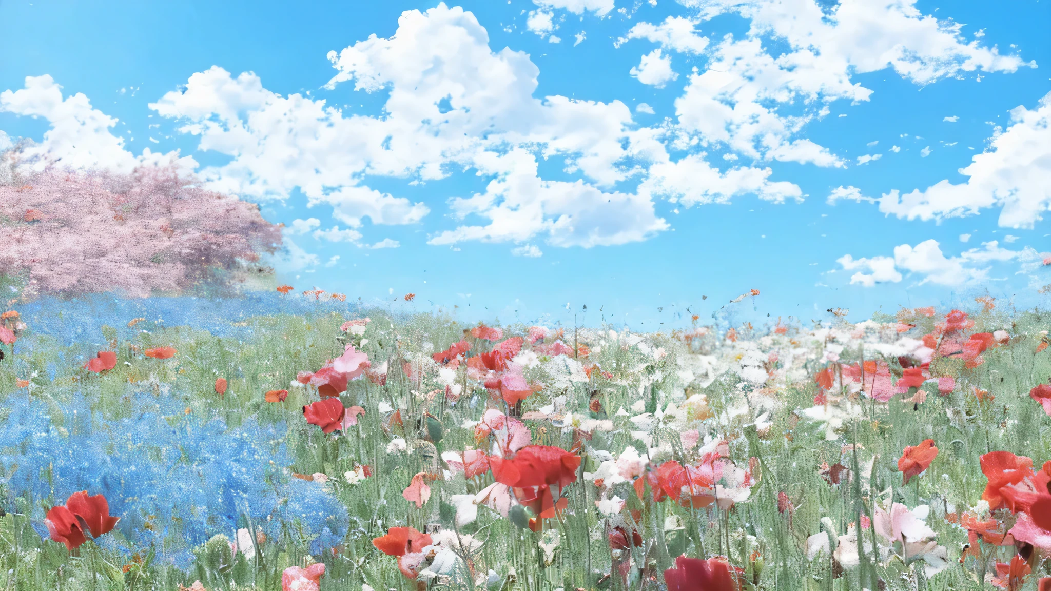 Spring-like flower garden　blue sky　Anime-like