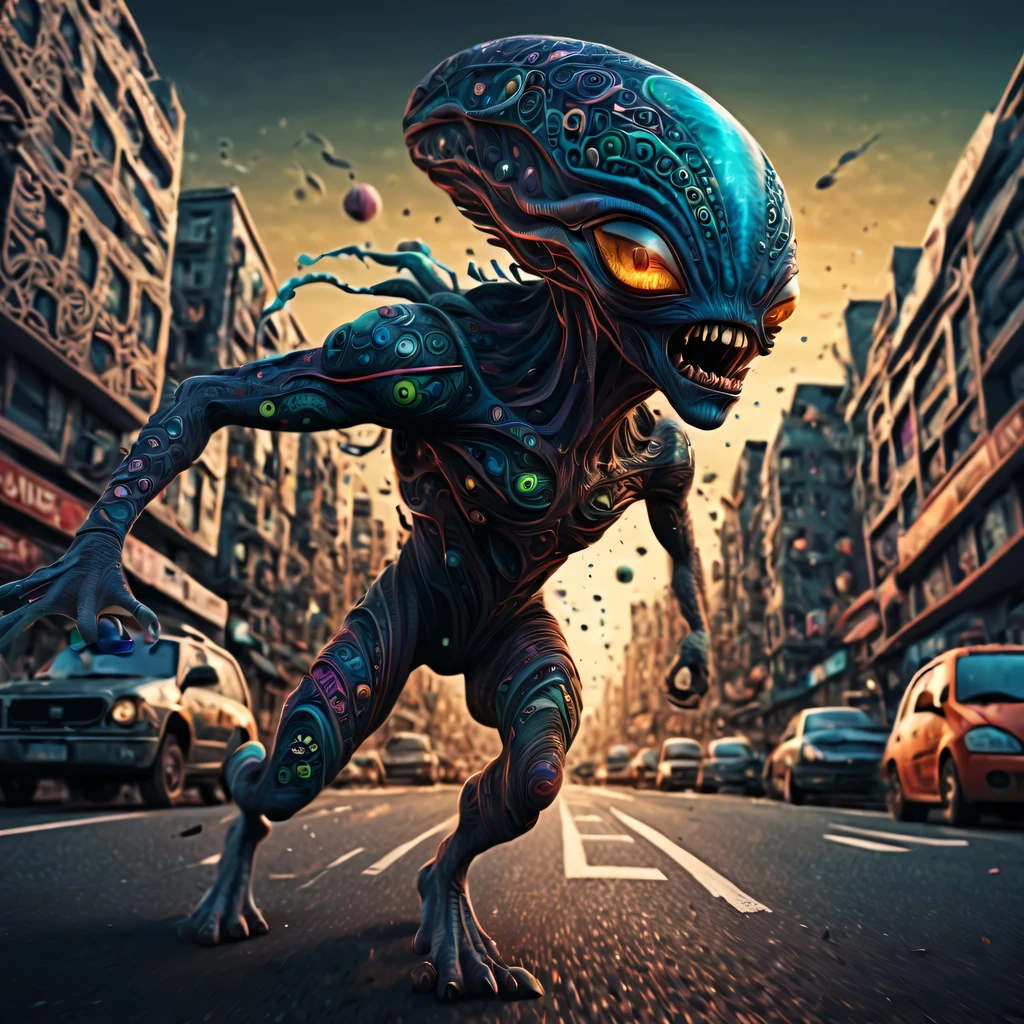 (best quality, highres, ultra sharp), magical ,huge alien, in the street next a city, zentangle, full colored, 3d crunch, realistic feeling, terrorific scene, people running, panic, cars, buses, dark tones, ultra detal and sharp background,