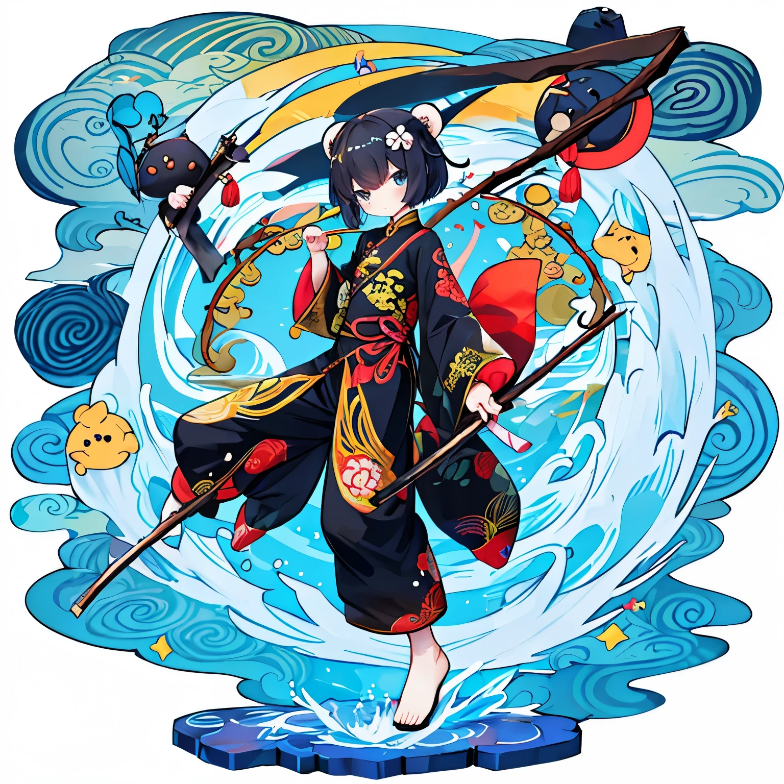 China、cheongsam clothes、Oversized sleeves、Chinaな装飾、It's a bellybutton、Short length clothing、Oversized trousers、The hem of the pants swells、black clothes、china bear、handle a long stick、long stick weapon