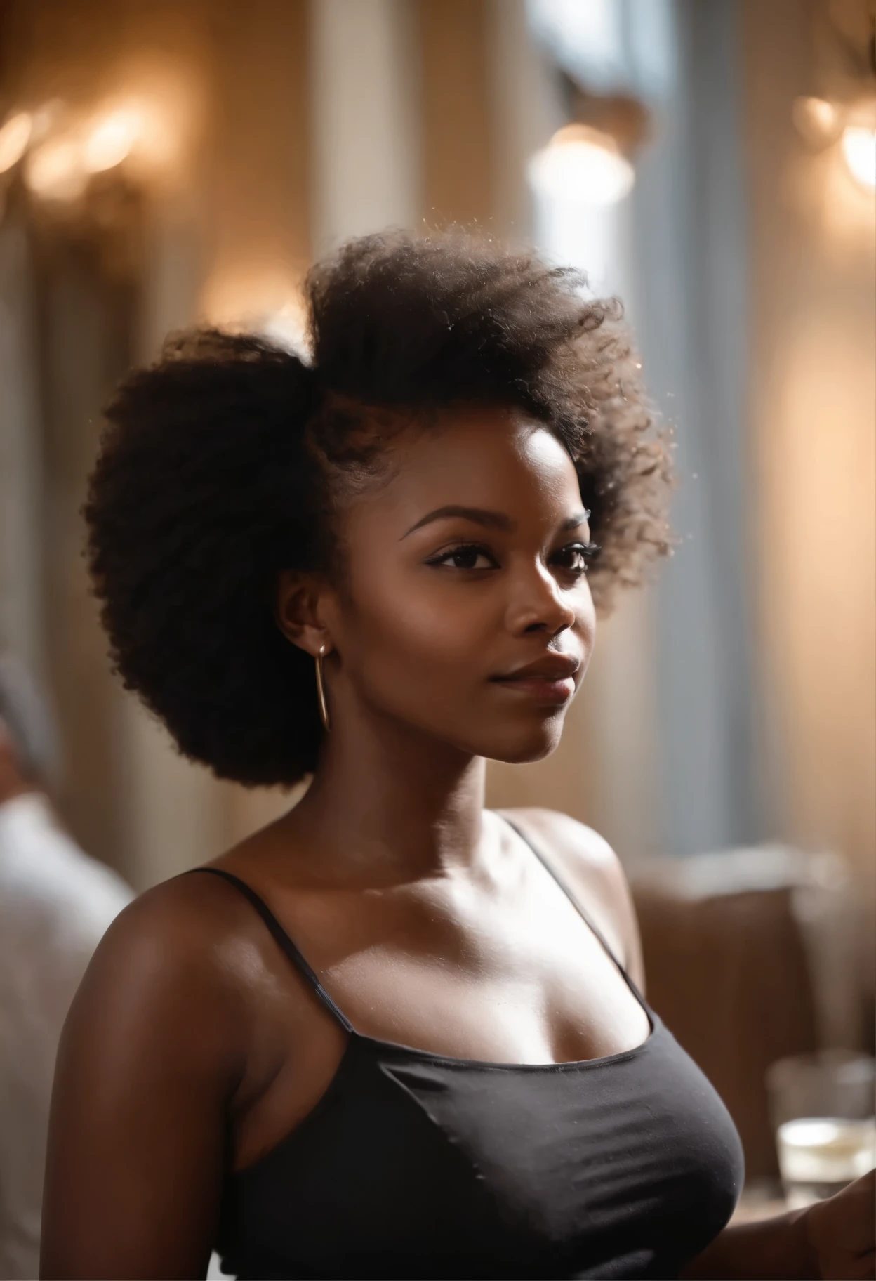 photographie de rue photo d'une jeune femme afro noire ronde, grosse fesse, aux cheveux noires bouclés, sourire, heureux, joli t-shirt, décolleté1:5, des tatouages sur ses bras, assis dans un restaurant des années 50, Sombre, projecteur, Silhouette