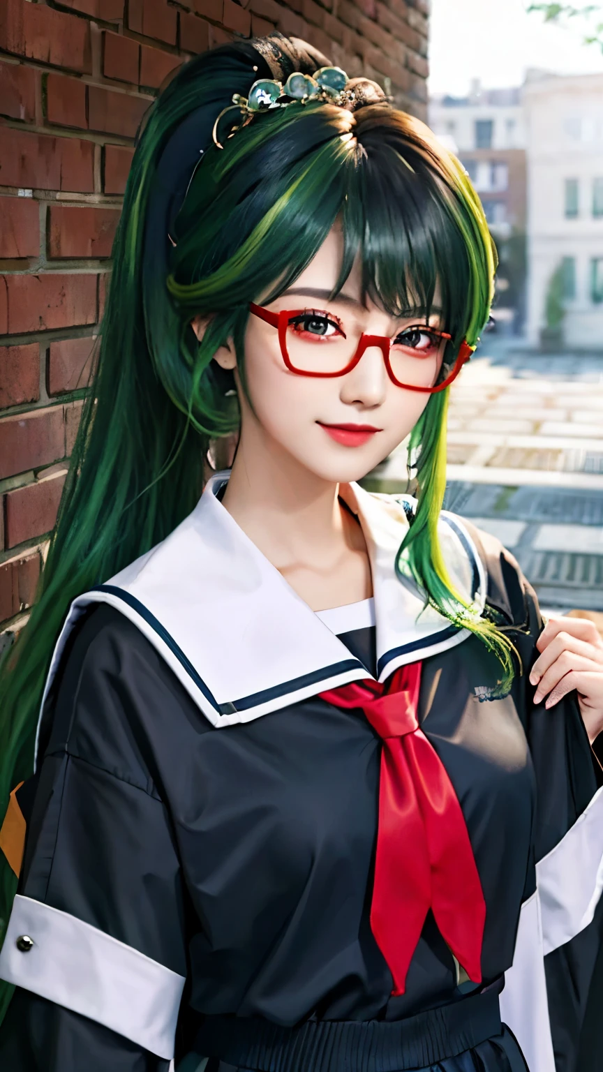 best quality,masterpiece,Uniforms, despise, Upper body,Long ponytail hairstyle，Black hair and green hair, Good-looking hair accessories, Eye color is light green,Wearing red glasses, White skin,Smile,blunt bangs,happy hair,Body front view，Sailor suit，Uniforms