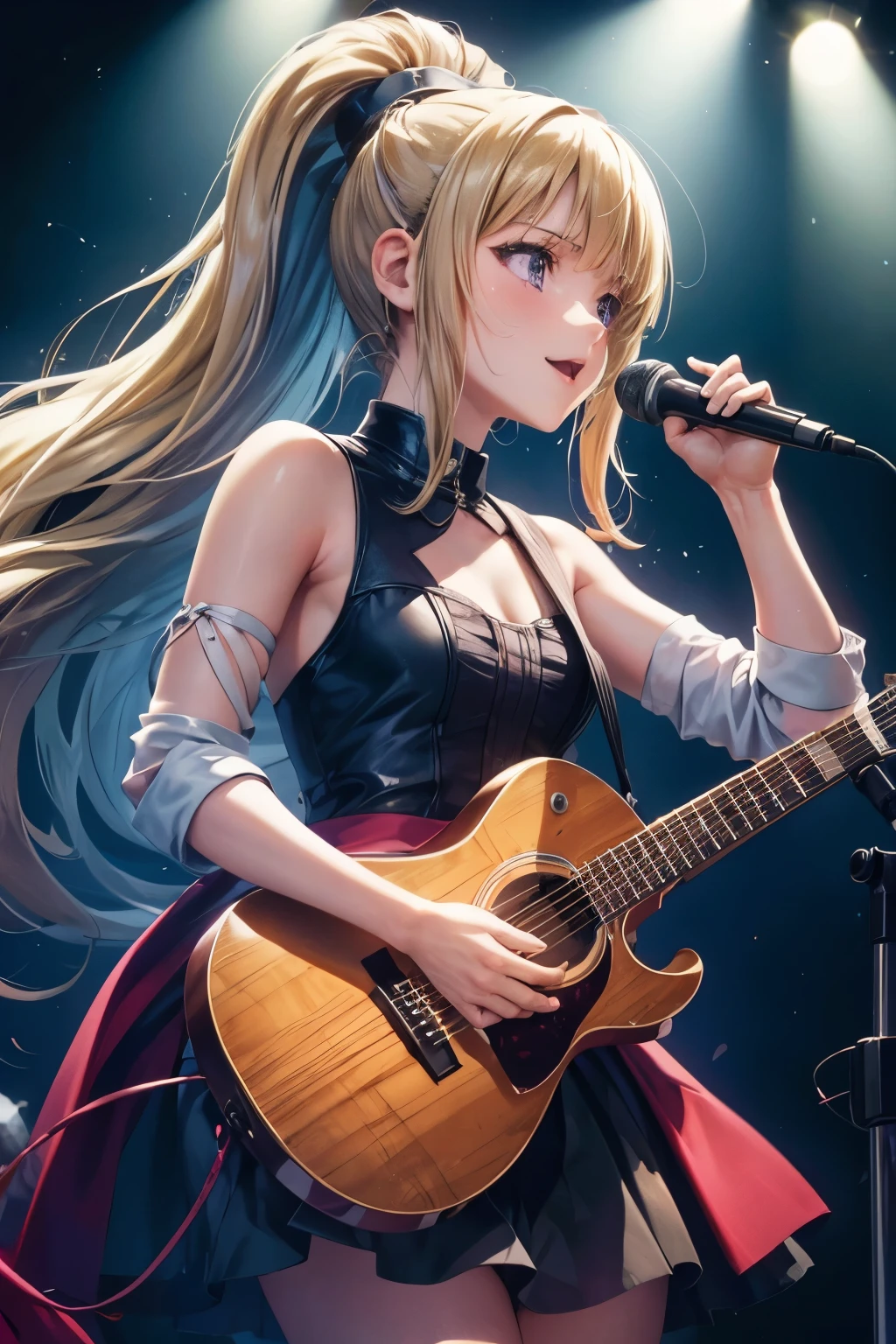 (best quality,4k,8k,highres,masterpiece:1.2),ultra-detailed,negative space:1.2,1 girl:1.4,kei karuizawa,singer,guitarist,stage performance,ponytail,purple eyes,blonde hair,spotlight,vibrant colors,vintage microphone,emotional expression,ethereal setting,soft lighting,stage fog,serene atmosphere,solo performance,confident posture,mesmerizing voice,crowd applause,shadow and light contrast,dynamic composition,rich textures,vivid musical notes,energetic strumming,powerful vocals,deep emotional connection,haunting melody,captivating performance,pensive mood,poetic lyrics,transcendent experience, smiling 