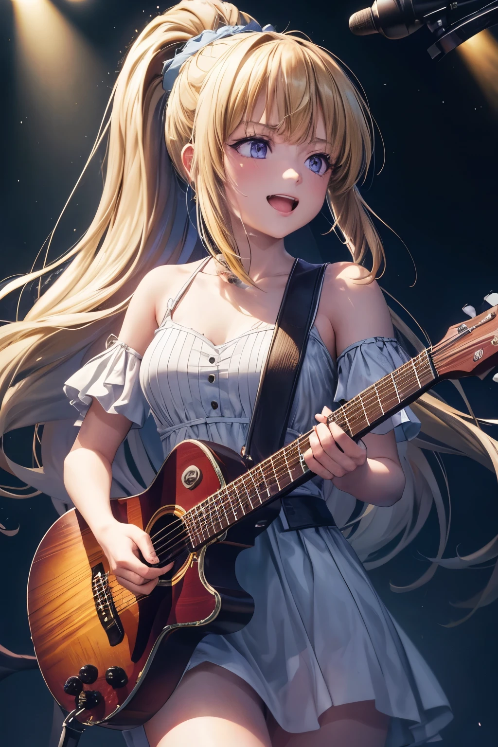 (best quality,4k,8k,highres,masterpiece:1.2),ultra-detailed,negative space:1.2,1 girl:1.4,kei karuizawa,singer,guitarist,stage performance,ponytail,purple eyes,blonde hair,spotlight,vibrant colors,vintage microphone,emotional expression,ethereal setting,soft lighting,stage fog,serene atmosphere,solo performance,confident posture,mesmerizing voice,crowd applause,shadow and light contrast,dynamic composition,rich textures,vivid musical notes,energetic strumming,powerful vocals,deep emotional connection,haunting melody,captivating performance,pensive mood,poetic lyrics,transcendent experience, smiling 