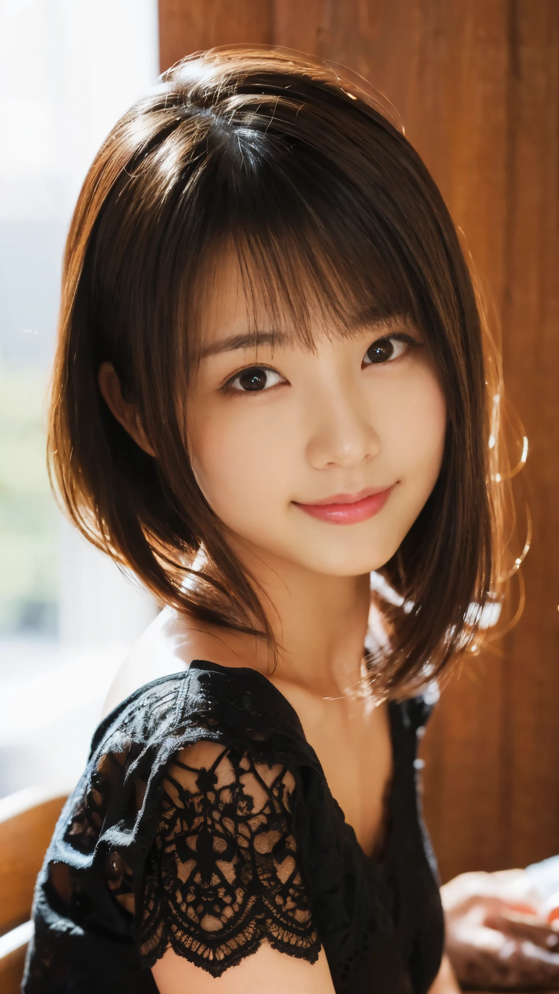 (A very cute 20 year old young woman from Japan),  ((delicate hair between brown and blonde)), ((messy side wave short hair)),(((Slender and slender body type)))，medium bust size､small breasts､ (((clean hands)))，(curly hair)，(((very kind smile))), (((she wears black lace panties)))，(((she is wearing a black knitted dress))) ((top quality, 16k, table top: 1.3)), light shines on your face, highly detailed face, highly detailed lips, fine eyes,