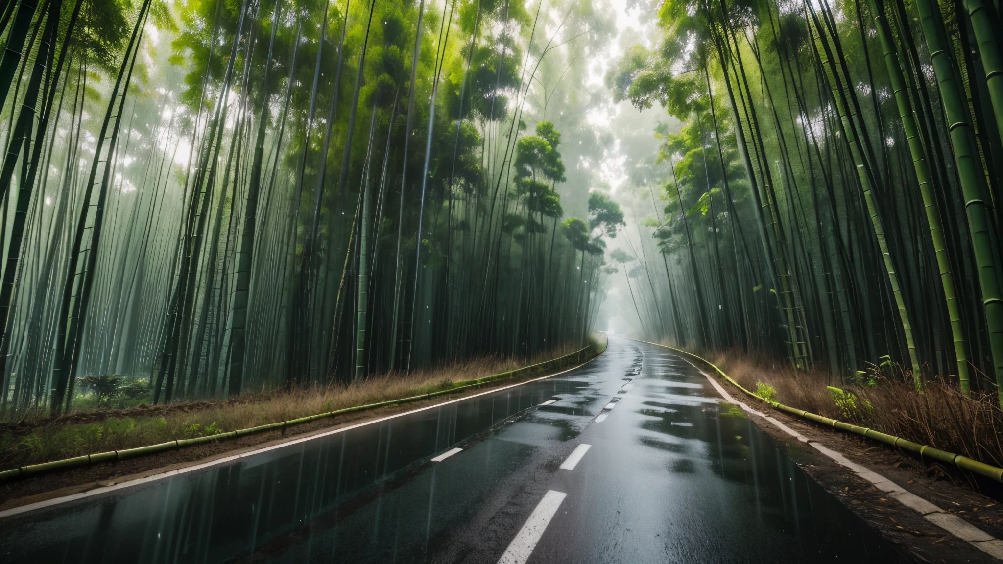 Create a photo of nature, with a small road in the middle of the bamboo forest, it's raining, realistic, vivid, detailed, 8k resolution
