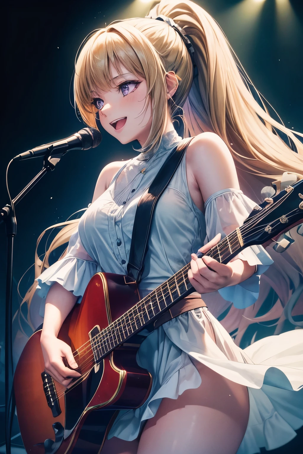 (best quality,4k,8k,highres,masterpiece:1.2),ultra-detailed,negative space:1.2,1 girl:1.4,kei karuizawa,singer,guitarist,stage performance,ponytail,purple eyes,blonde hair,spotlight,vibrant colors,vintage microphone,emotional expression,ethereal setting,soft lighting,stage fog,serene atmosphere,solo performance,confident posture,mesmerizing voice,crowd applause,shadow and light contrast,dynamic composition,rich textures,vivid musical notes,energetic strumming,powerful vocals,deep emotional connection,haunting melody,captivating performance,pensive mood,poetic lyrics,transcendent experience, smiling 