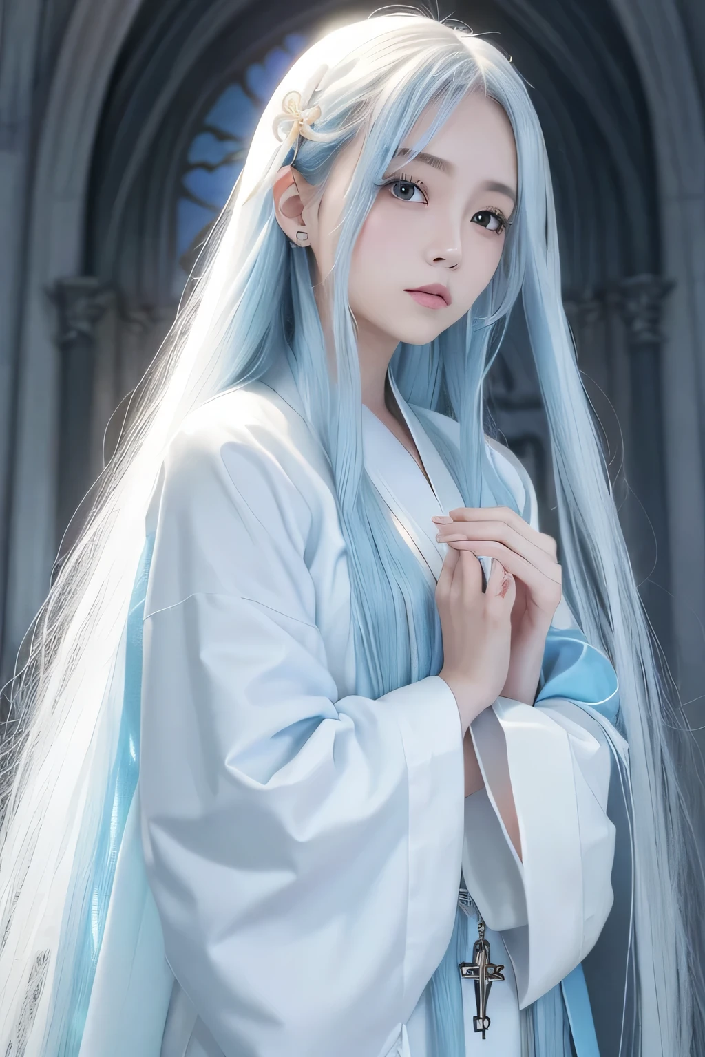 hair ornaments、((white priest's robe))、beautiful girl monk、((light blue long hair))、church