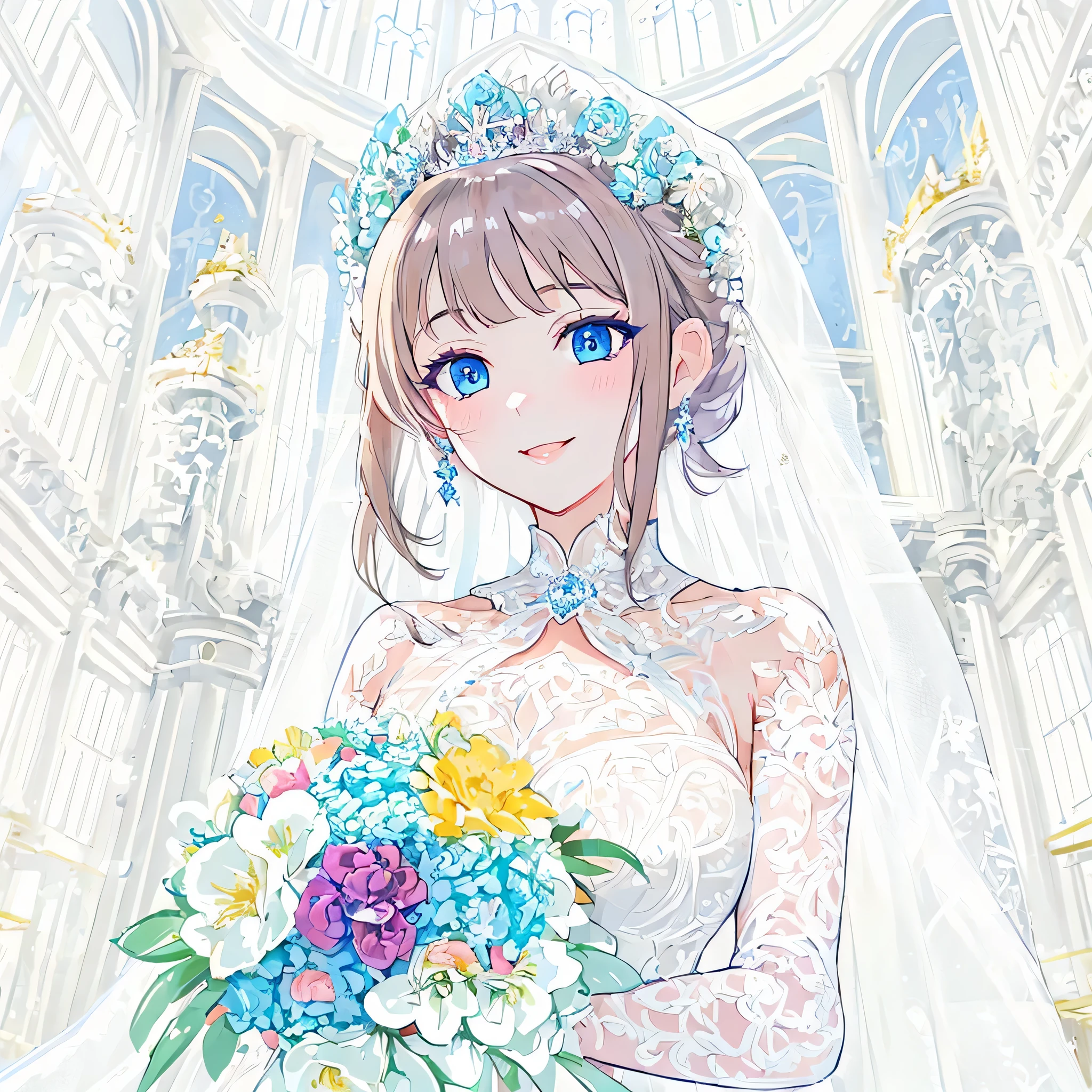 masterpiece, highest quality,figure,,blue eyes,slanted eyes,super dense skin,,detailed and beautiful eyes,highlight,mouth,smile,princess-Line Wedding dress,church,Wedding dress,bouquet 