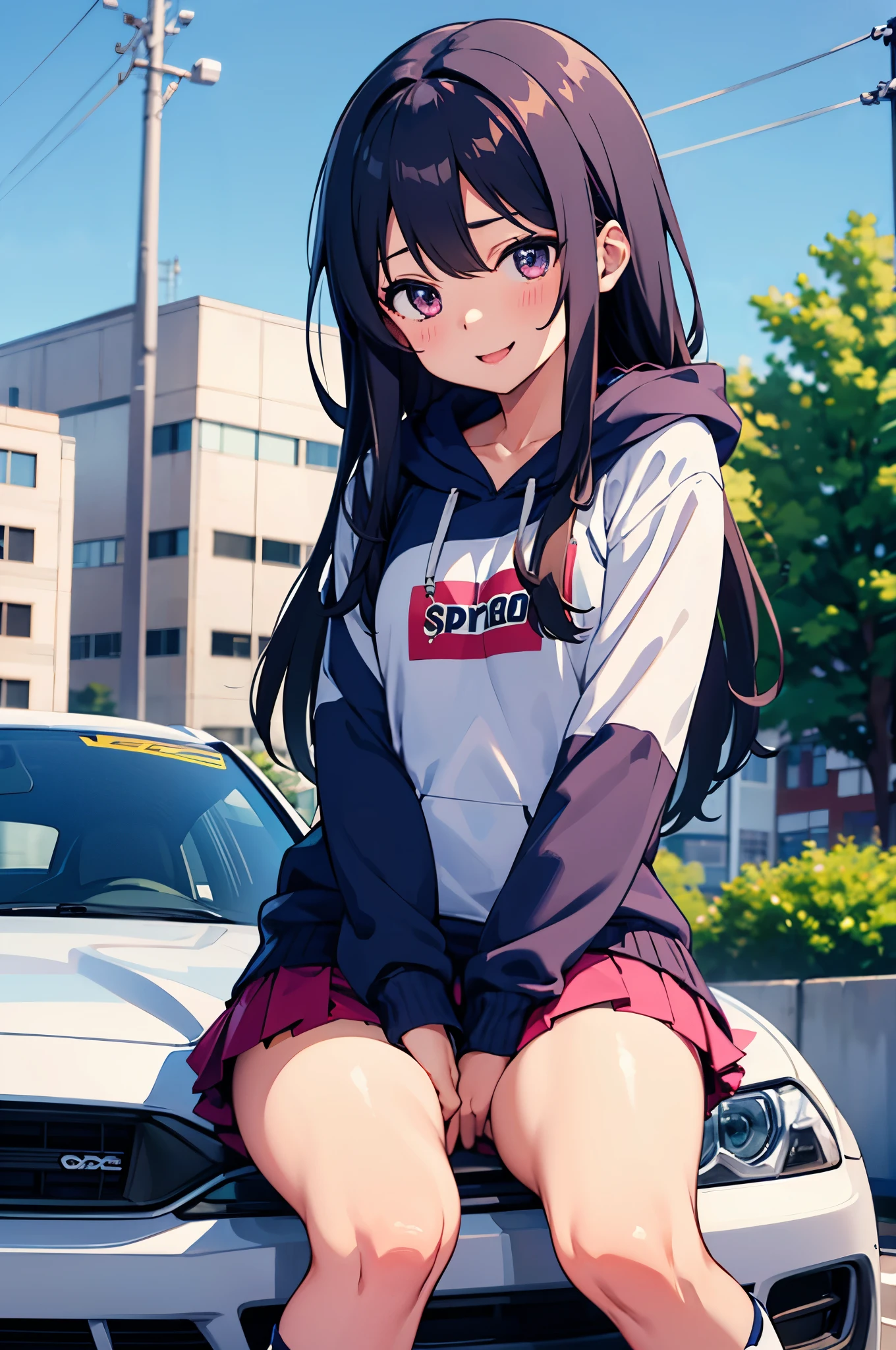 parking　In front of the sports car　　8-year-old　flat chest　blhair　g hair　eyes are purple　smile（（1 person））　Hooded hoodie with upper body pink　Lower body navy blue miniskirt　white panties　white socks　sports boots　daytime　sitting on the hood of a car　（（足を開いてwhite pantiesが見える））　from the front　Low angle centered on the crotch