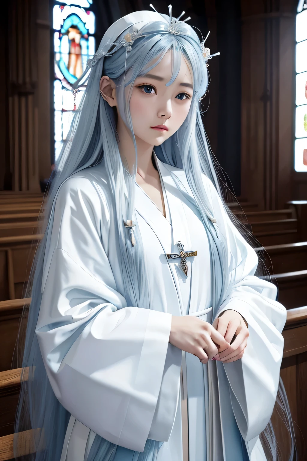 hair ornaments、((white priest's robe))、beautiful girl monk、((light blue long hair))、church
