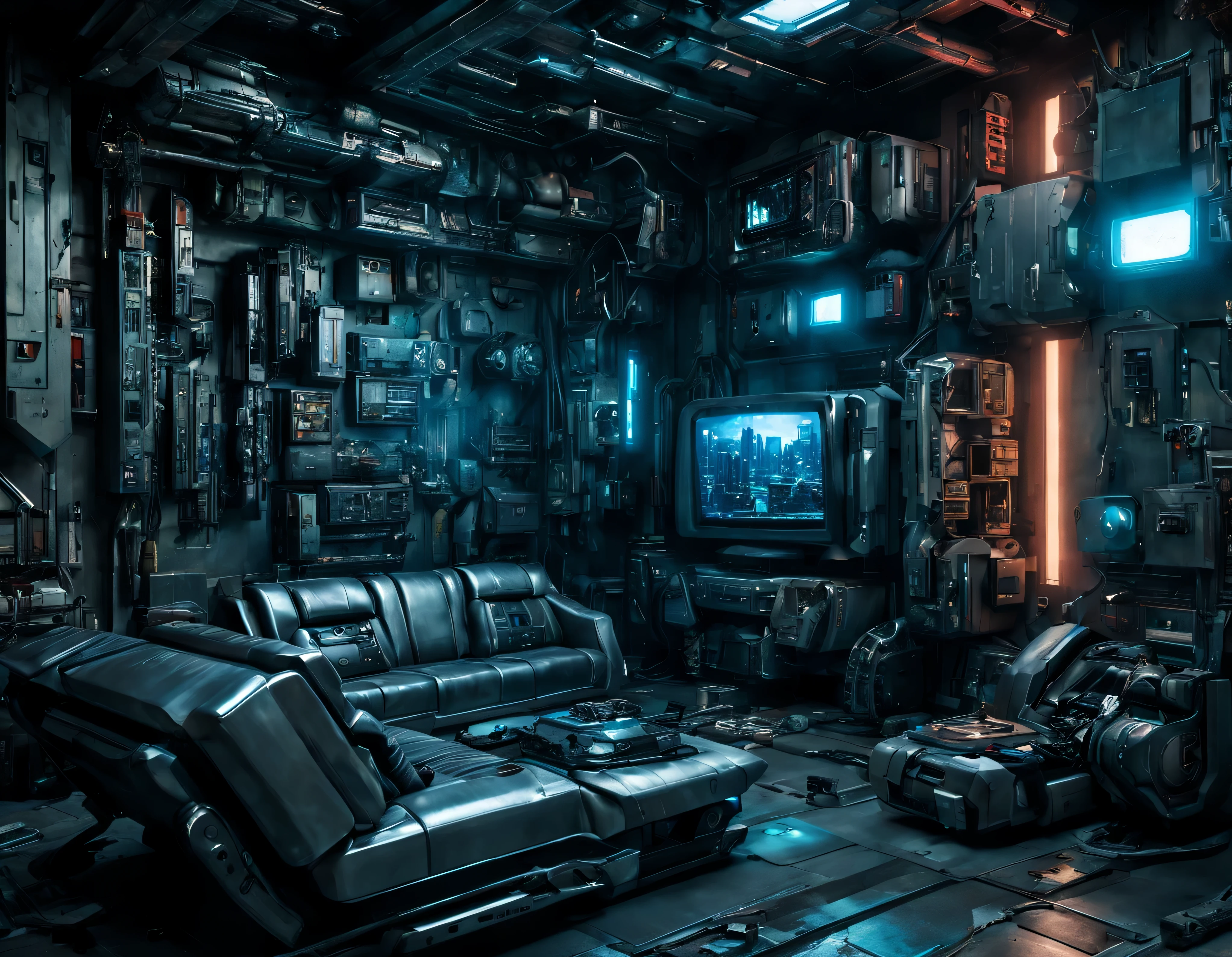 salon de apartamento tecnologico de metal cyberpunk, ((con grandes ventanales, desde donde se divisa una ciudad megalopolis con enormes edificios futuristas altamente tecnologico por la noche)), el salon tiene sofisticados sofas y sillon, televisor y paneles con luces led de colores incrustados en la pared, el suelo esta libre de objetos, all full of imagination, science fiction and (intrincados detalles de la maquina).imagen fotorrealista, Maximum sharpness, calidad 8k.(obra maestra de calidad superior). 3D