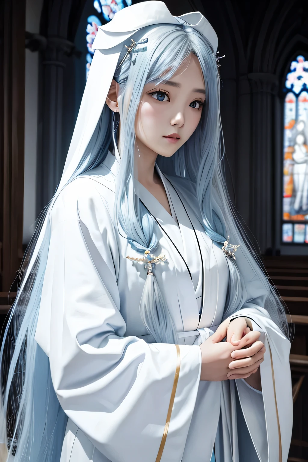 hair ornaments、((white priest&#39;s robe))、beautiful girl monk、((light blue long hair))、church