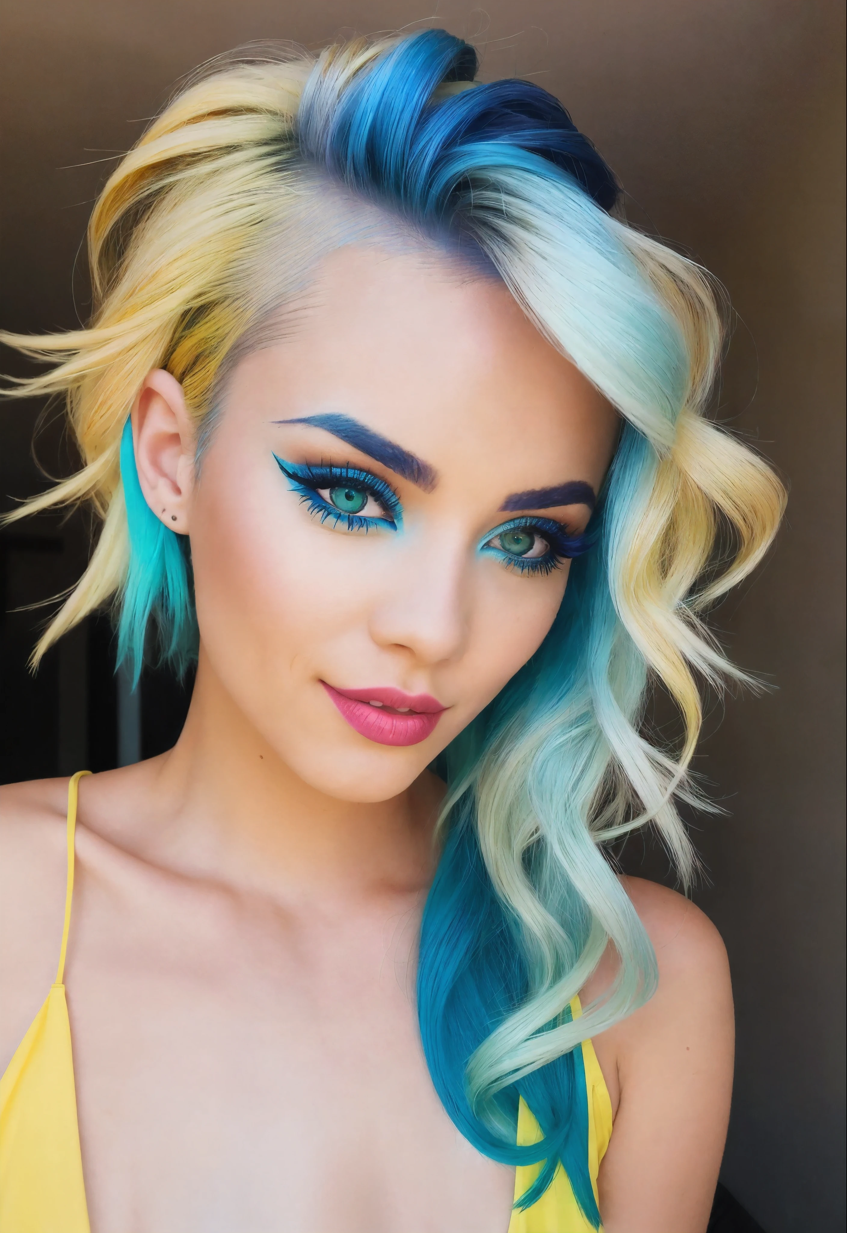 blonde woman with blue and yellow hair and bright makeup, brilliantly colored, pretty girl with blue hair, bright hair, yellow hair, turquoise hair, beautiful woman with blue hair, girl with blue hair, teal hair, brightly coloured hair, neon hair, vibrant hair, light yellow hair, colorful hair, sky blue highlights in hair, with blue hair, colored hair